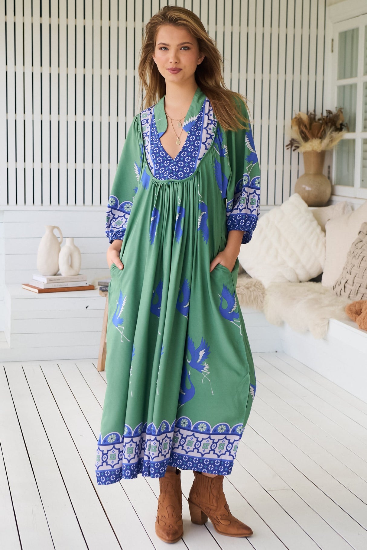 JAASE - Boheme Midi Dress: Piping Defined Bust 3/4 Sleeve Smock Dress in Bluebird Print
