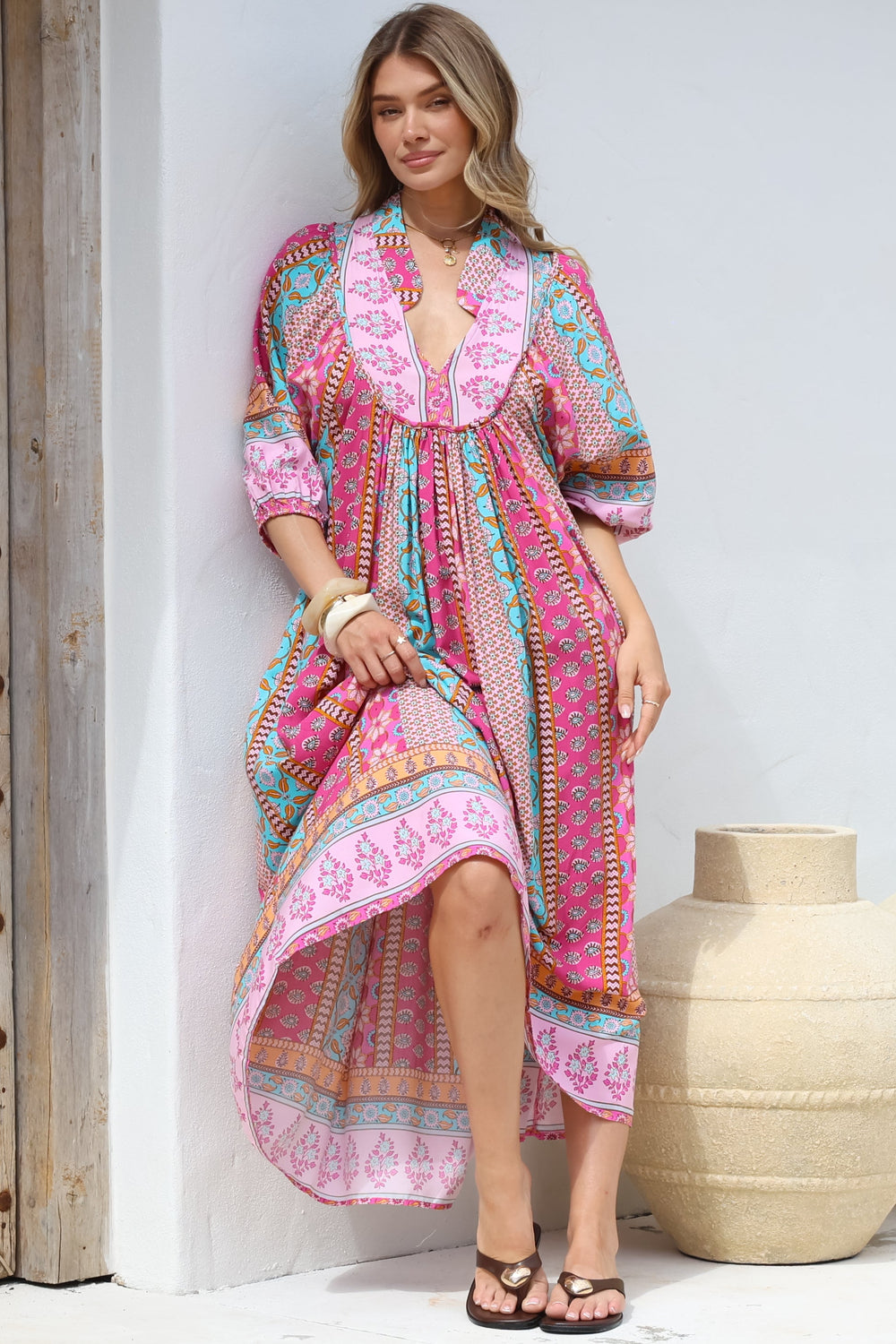 JAASE - Boheme Midi Dress: Piping Defined Bust Slimline Smock Dress in Cedella Print