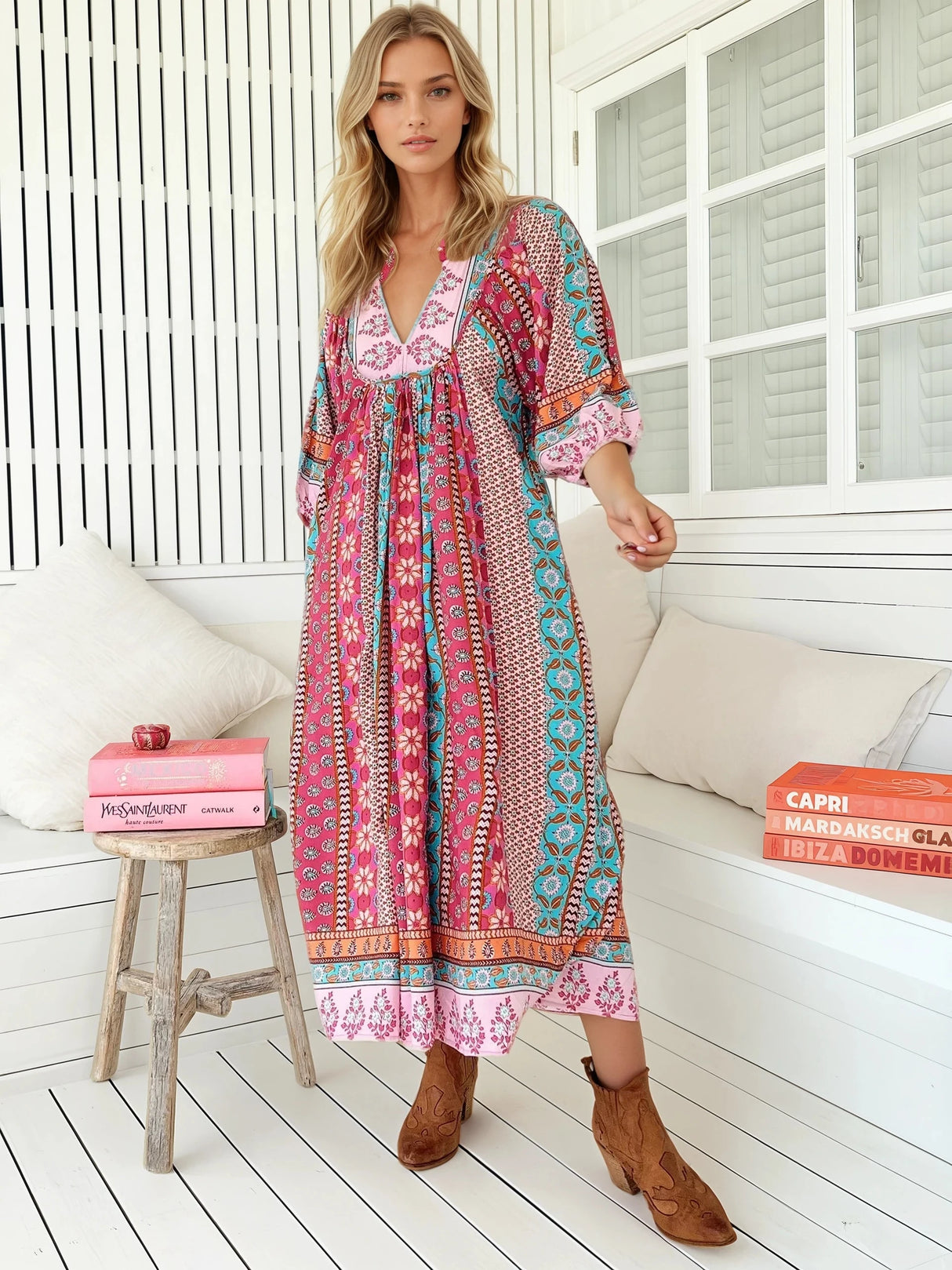 JAASE - Boheme Midi Dress: Piping Defined Bust Slimline Smock Dress In Cedella Print