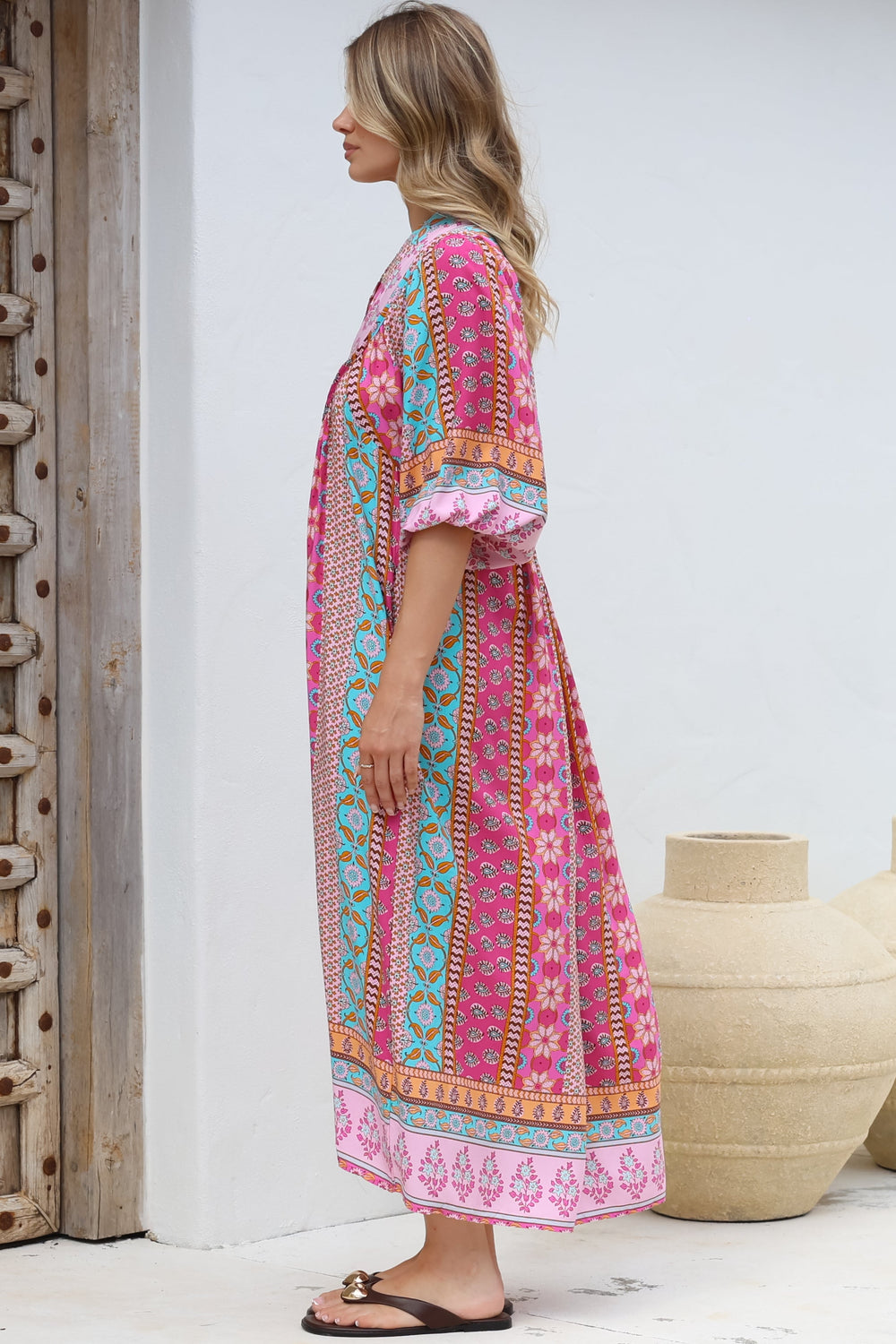 JAASE - Boheme Midi Dress: Piping Defined Bust Slimline Smock Dress in Cedella Print