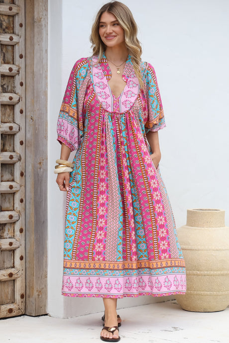 JAASE - Boheme Midi Dress: Piping Defined Bust Slimline Smock Dress in Cedella Print