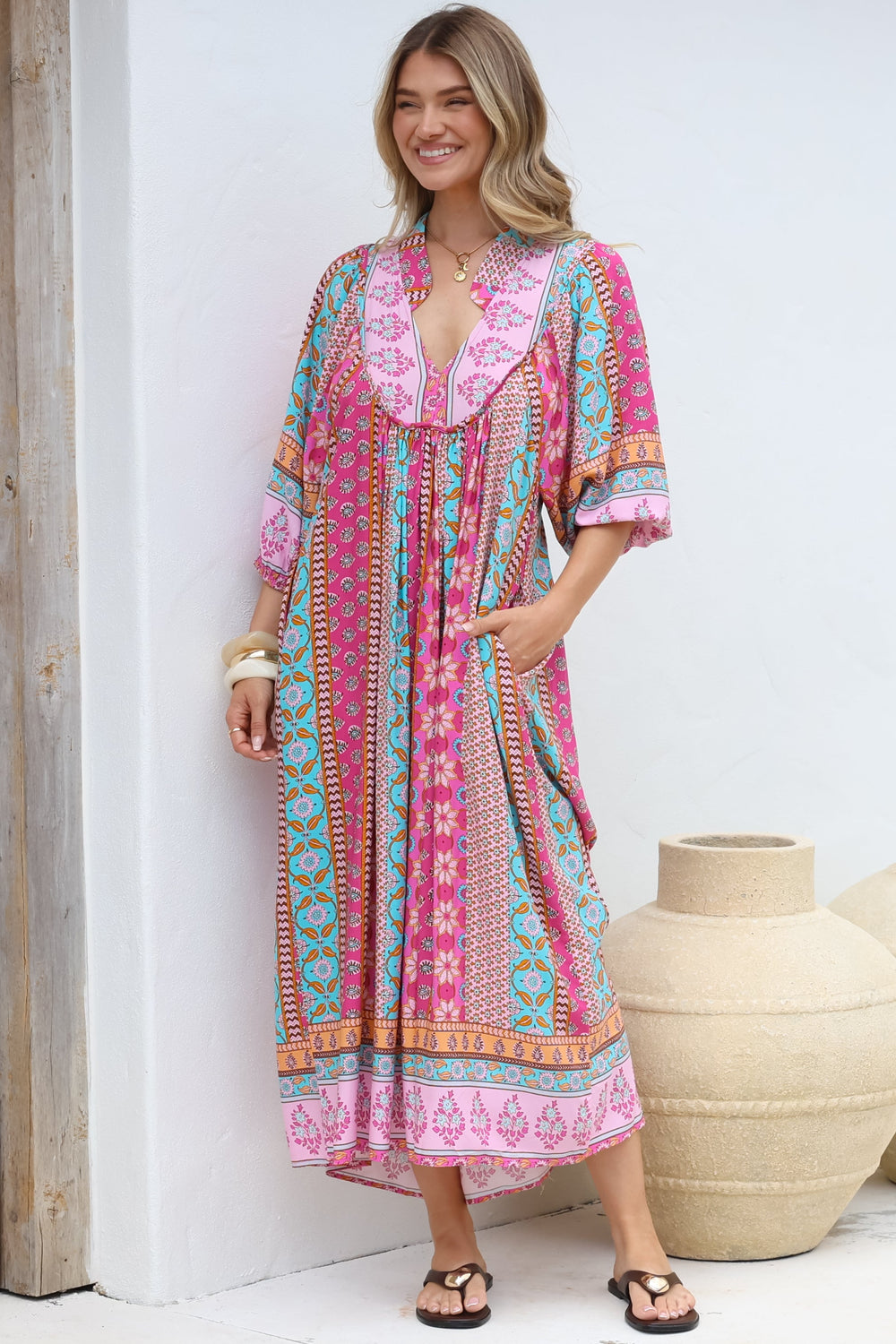JAASE - Boheme Midi Dress: Piping Defined Bust Slimline Smock Dress in Cedella Print