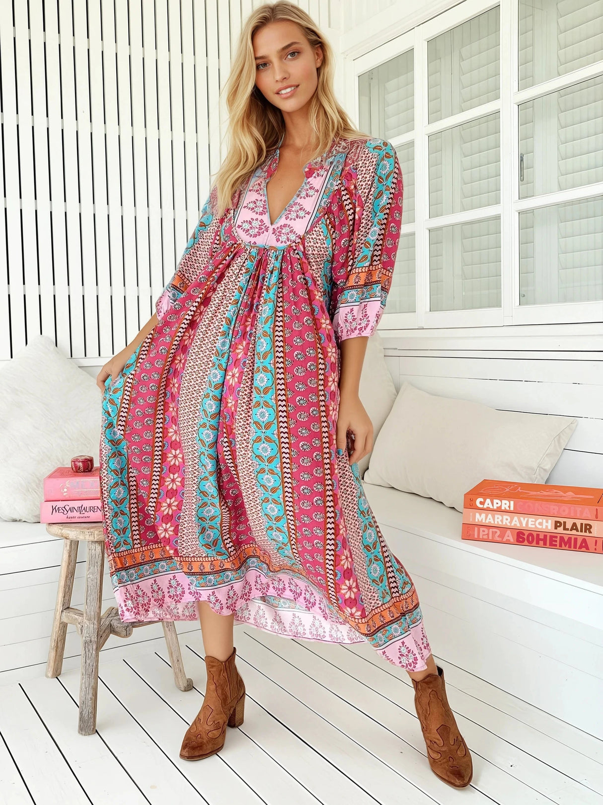 JAASE - Boheme Midi Dress: Piping Defined Bust Slimline Smock Dress In Cedella Print