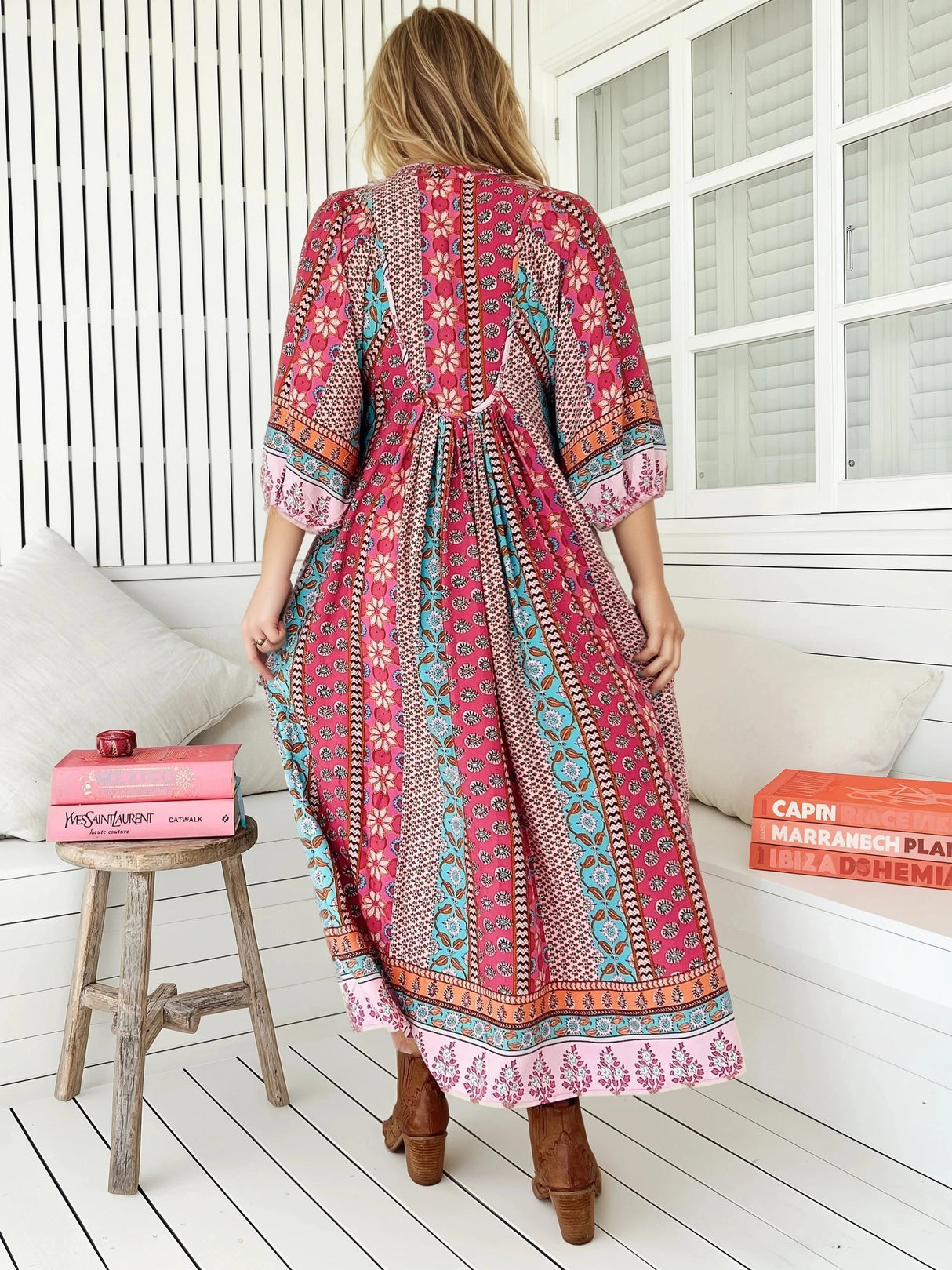 JAASE - Boheme Midi Dress: Piping Defined Bust Slimline Smock Dress In Cedella Print