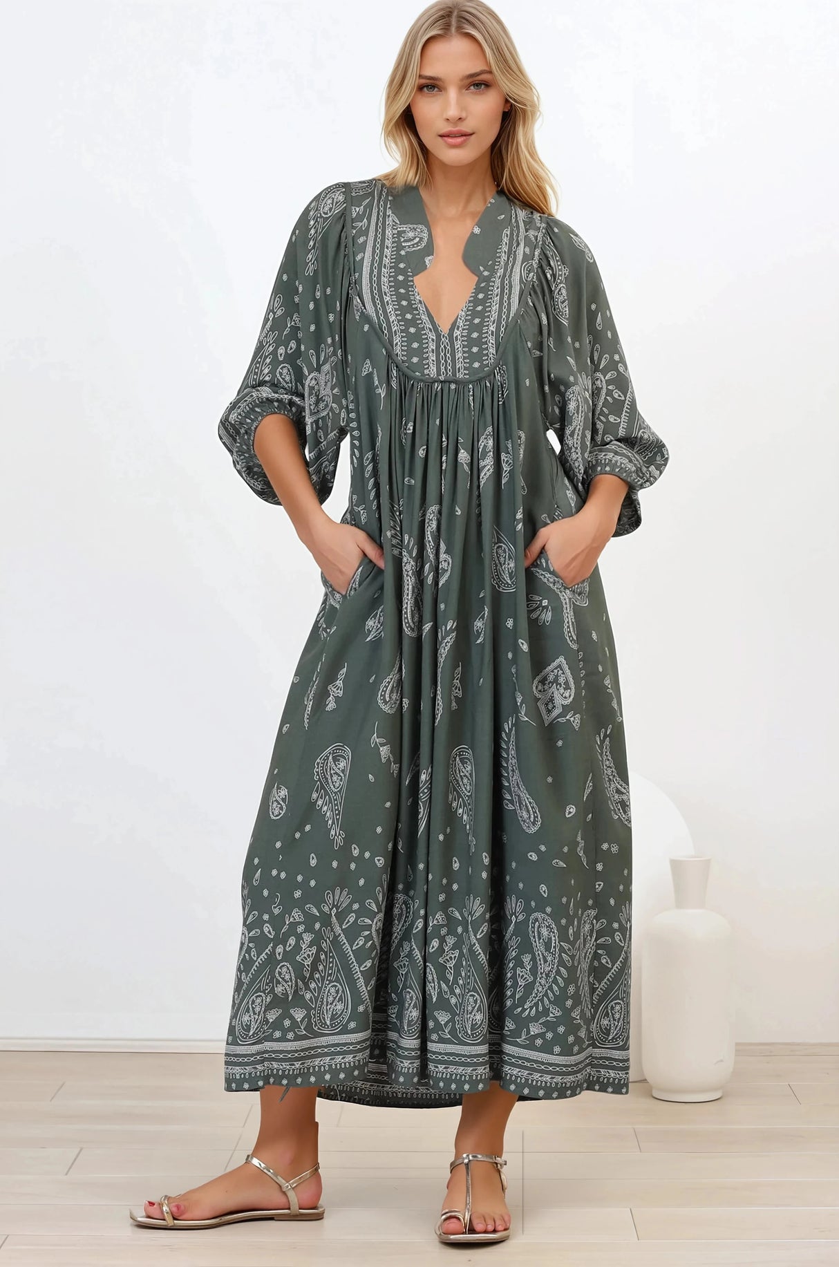 JAASE - Boheme Midi Dress: Piping Defined Bust Slimline Smock Dress In Constance Print