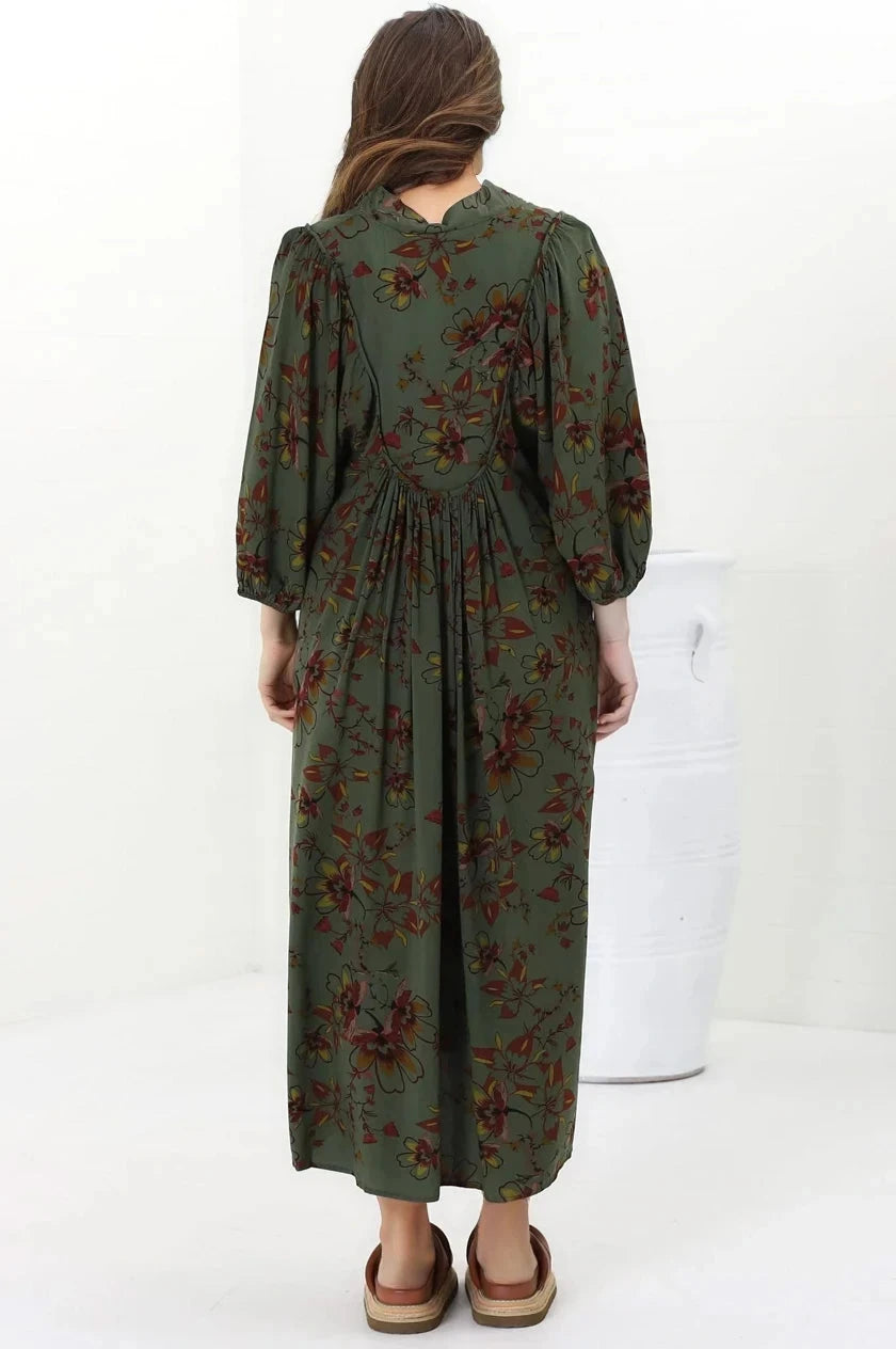Boheme Midi Dress - Piping Defined Bust Slimline Smock Dress In Esme Print