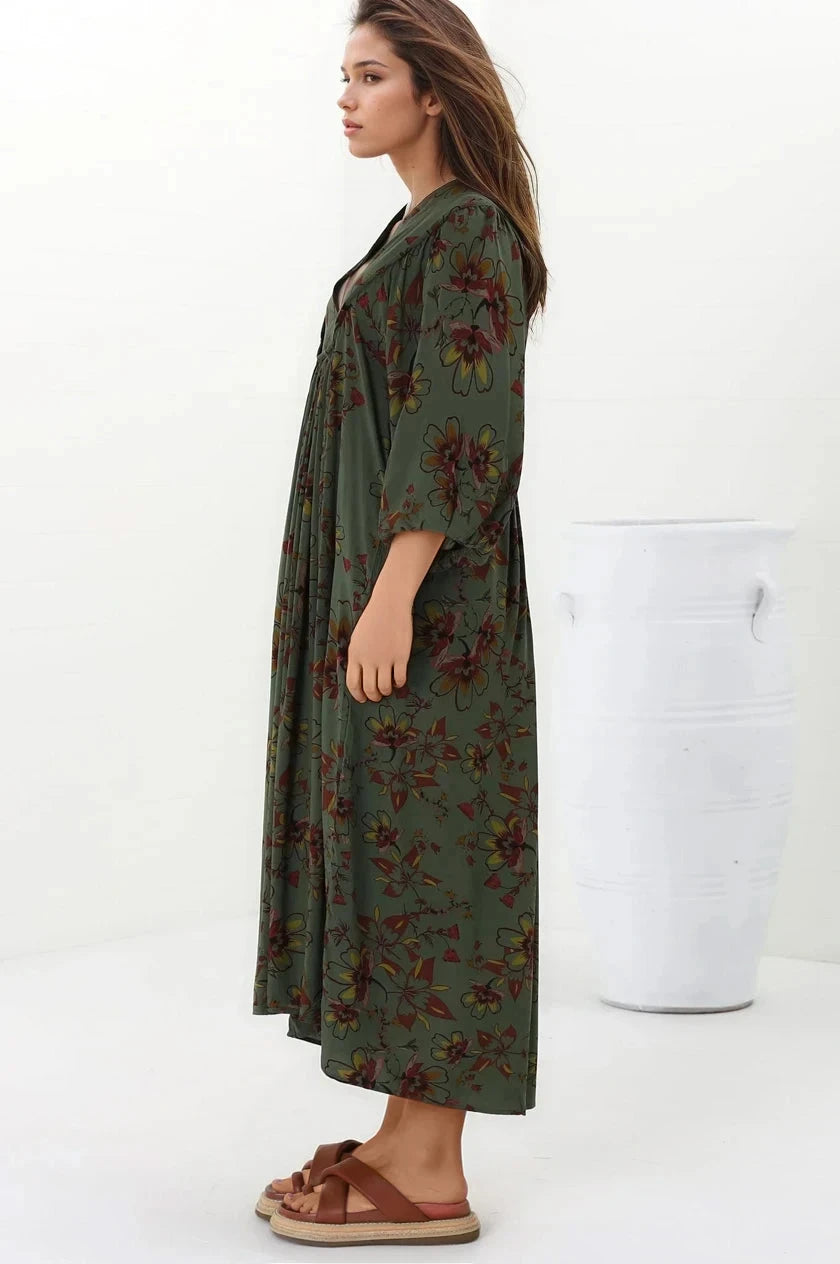 Boheme Midi Dress - Piping Defined Bust Slimline Smock Dress In Esme Print