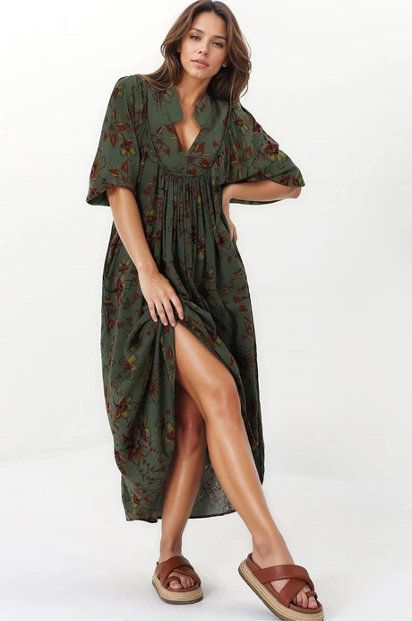JAASE - Boheme Midi Dress: Piping Defined Bust Slimline Smock Dress In Esme Print