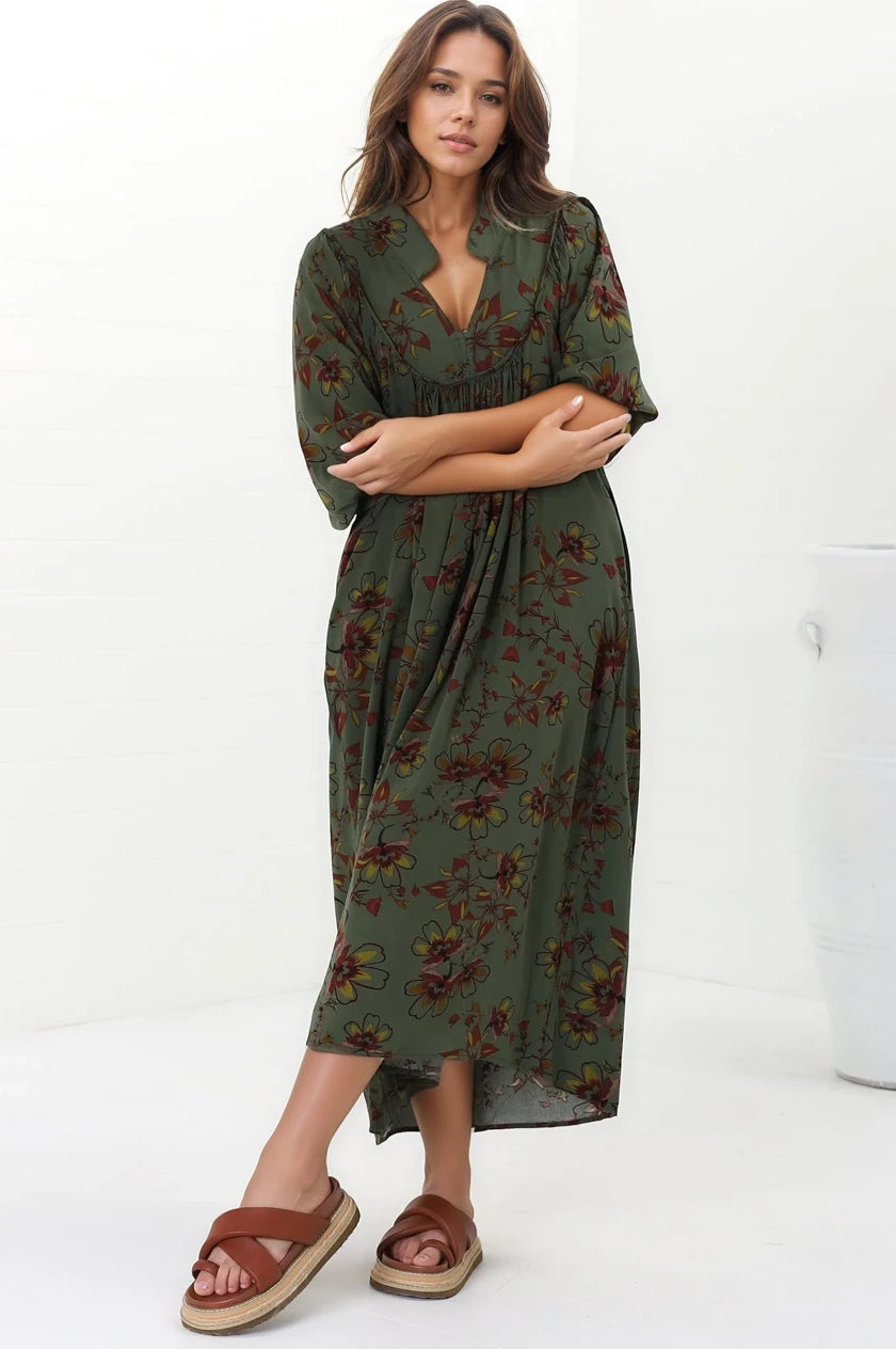 Boheme Midi Dress - Piping Defined Bust Slimline Smock Dress In Esme Print