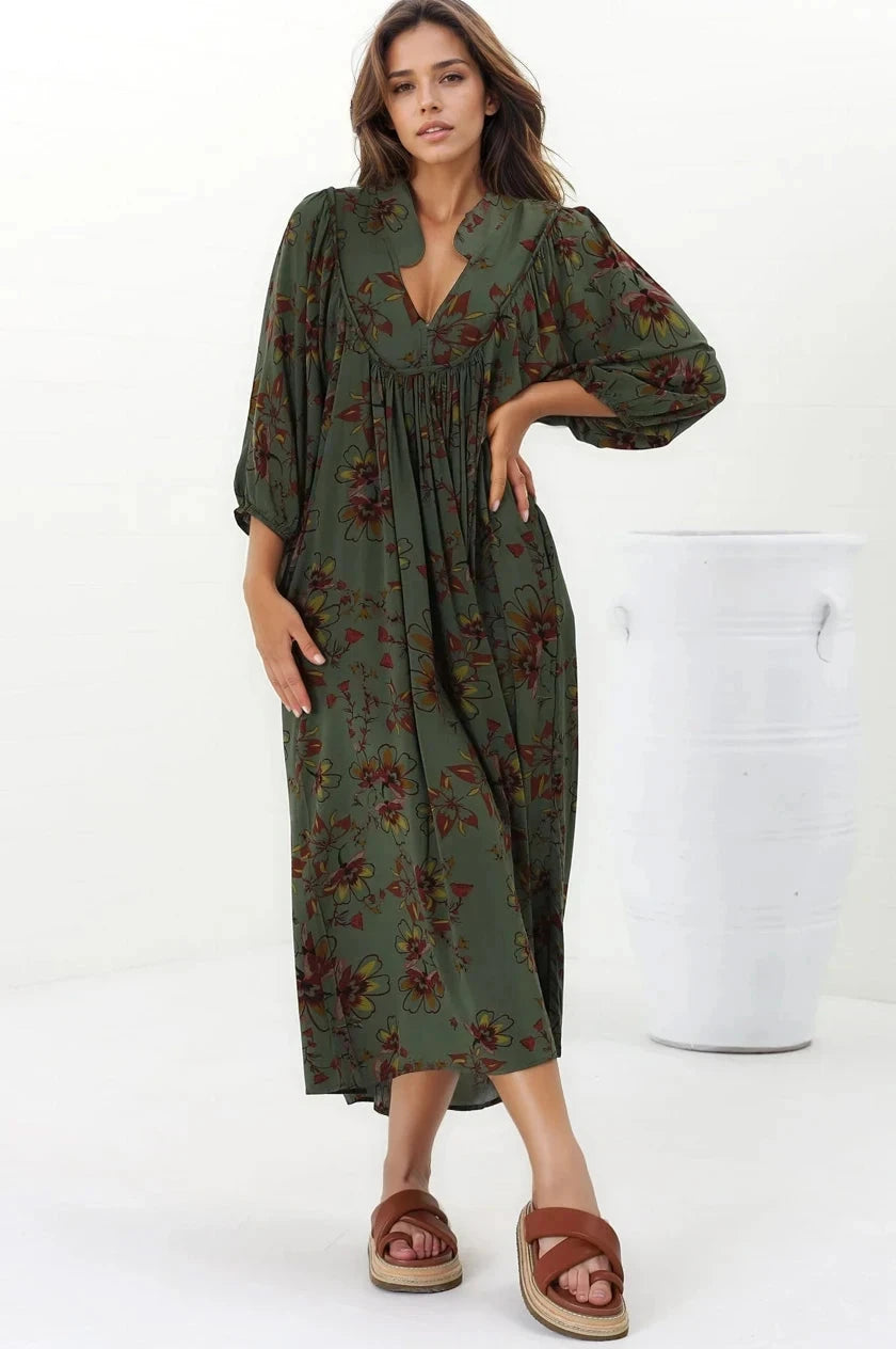 Boheme Midi Dress - Piping Defined Bust Slimline Smock Dress In Esme Print