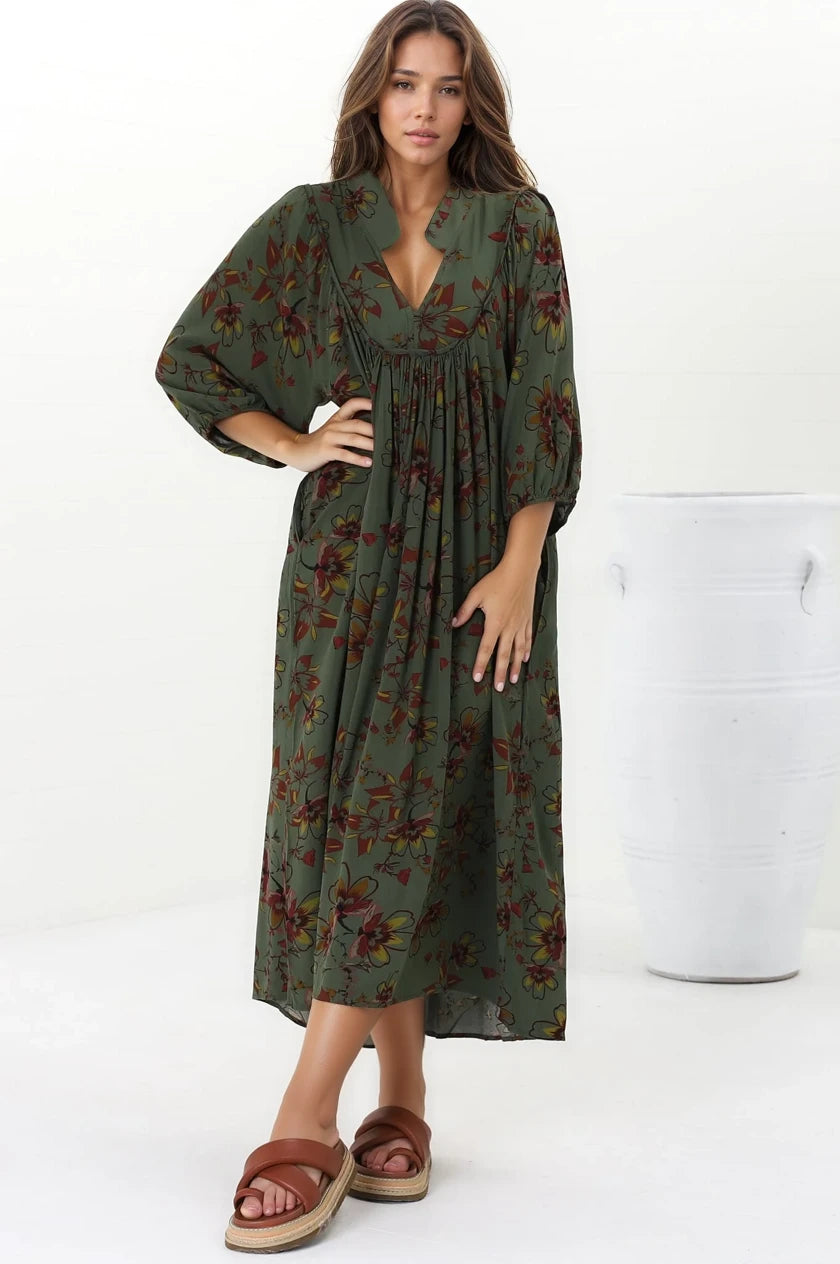 Boheme Midi Dress - Piping Defined Bust Slimline Smock Dress In Esme Print