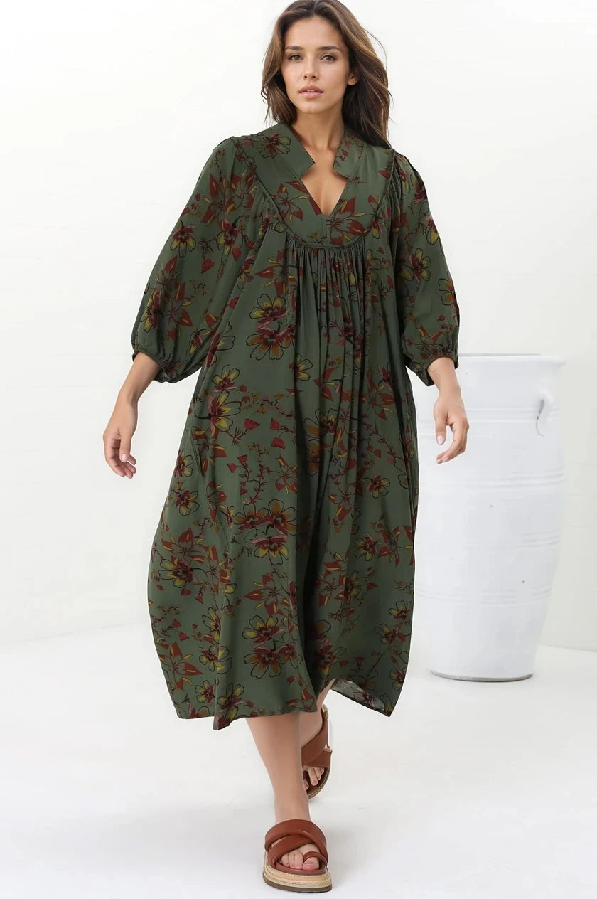 Boheme Midi Dress - Piping Defined Bust Slimline Smock Dress In Esme Print