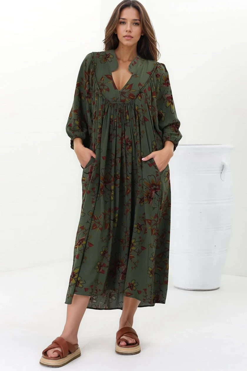 Boheme Midi Dress - Piping Defined Bust Slimline Smock Dress In Esme Print