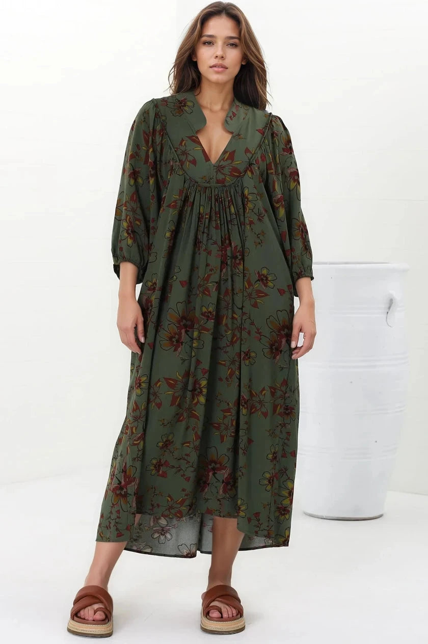 Boheme Midi Dress - Piping Defined Bust Slimline Smock Dress In Esme Print
