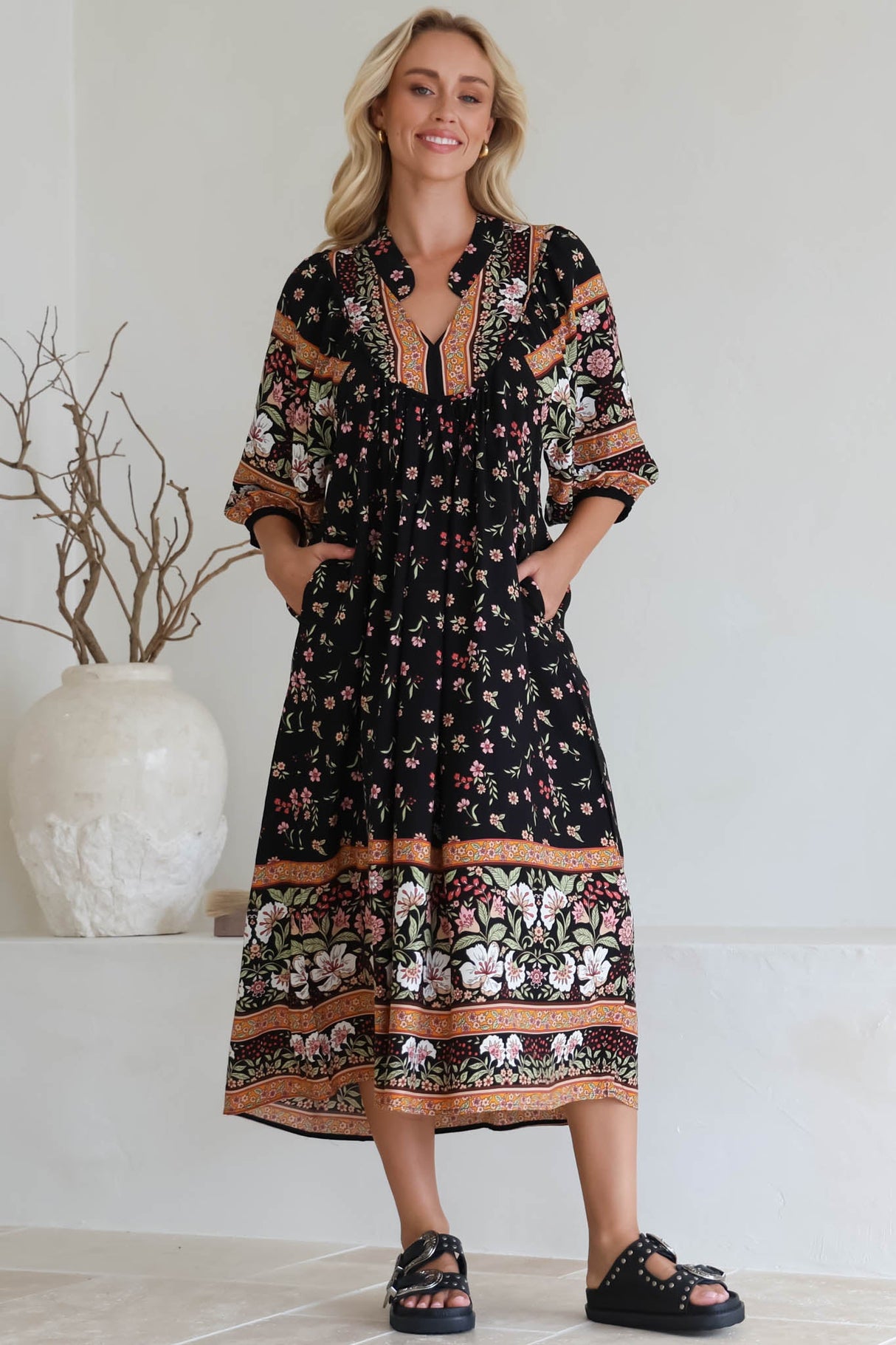 JAASE - Boheme Midi Dress: Piping Defined Bust Slimline Smock Dress In Eternity Print