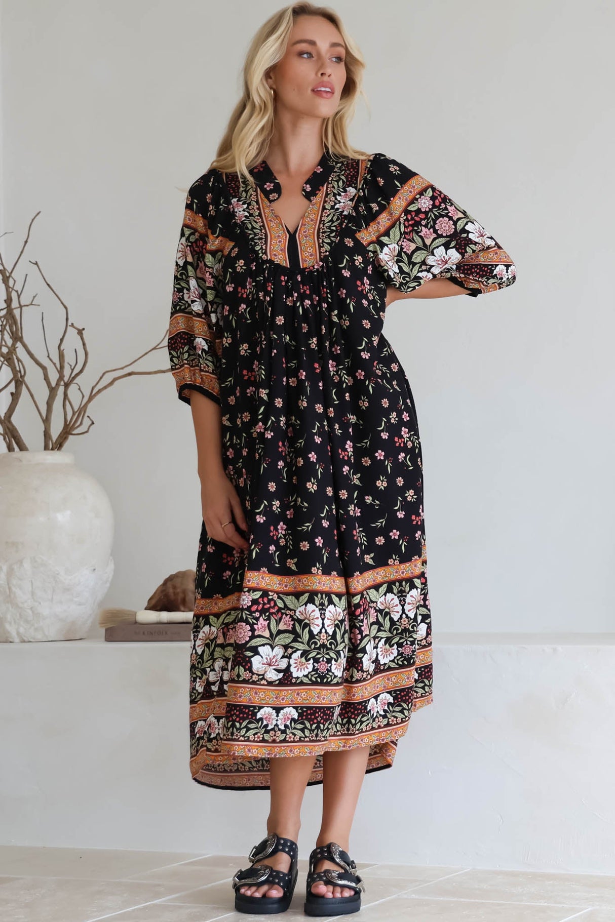JAASE - Boheme Midi Dress: Piping Defined Bust Slimline Smock Dress In Eternity Print
