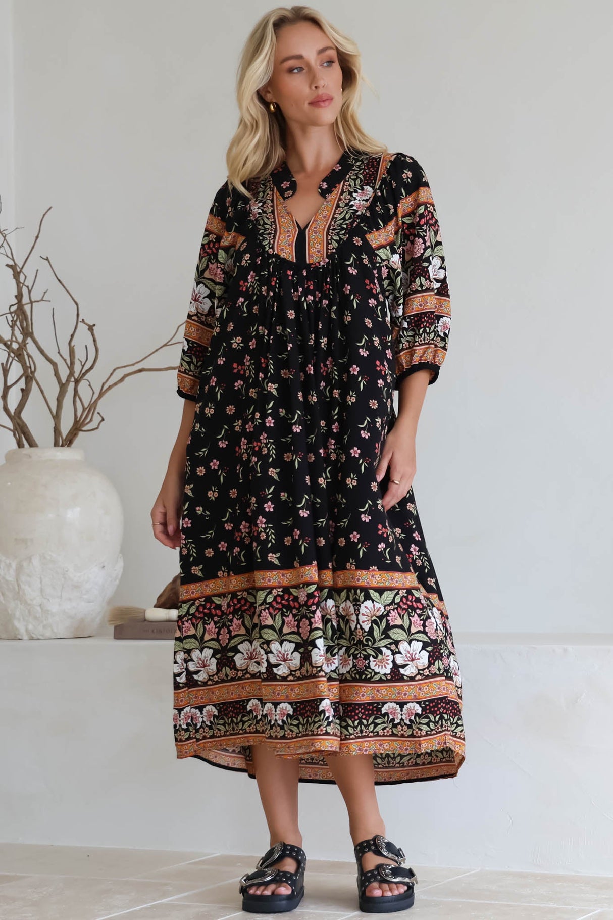 JAASE - Boheme Midi Dress: Piping Defined Bust Slimline Smock Dress In Eternity Print
