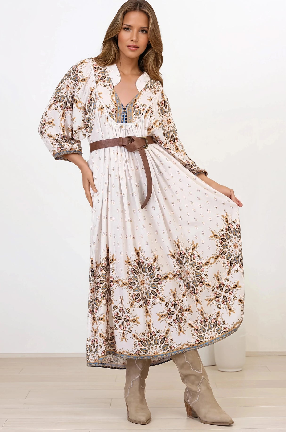 Boheme Midi Dress - Piping Defined Bust Slimline Smock Dress In Gemstone Print