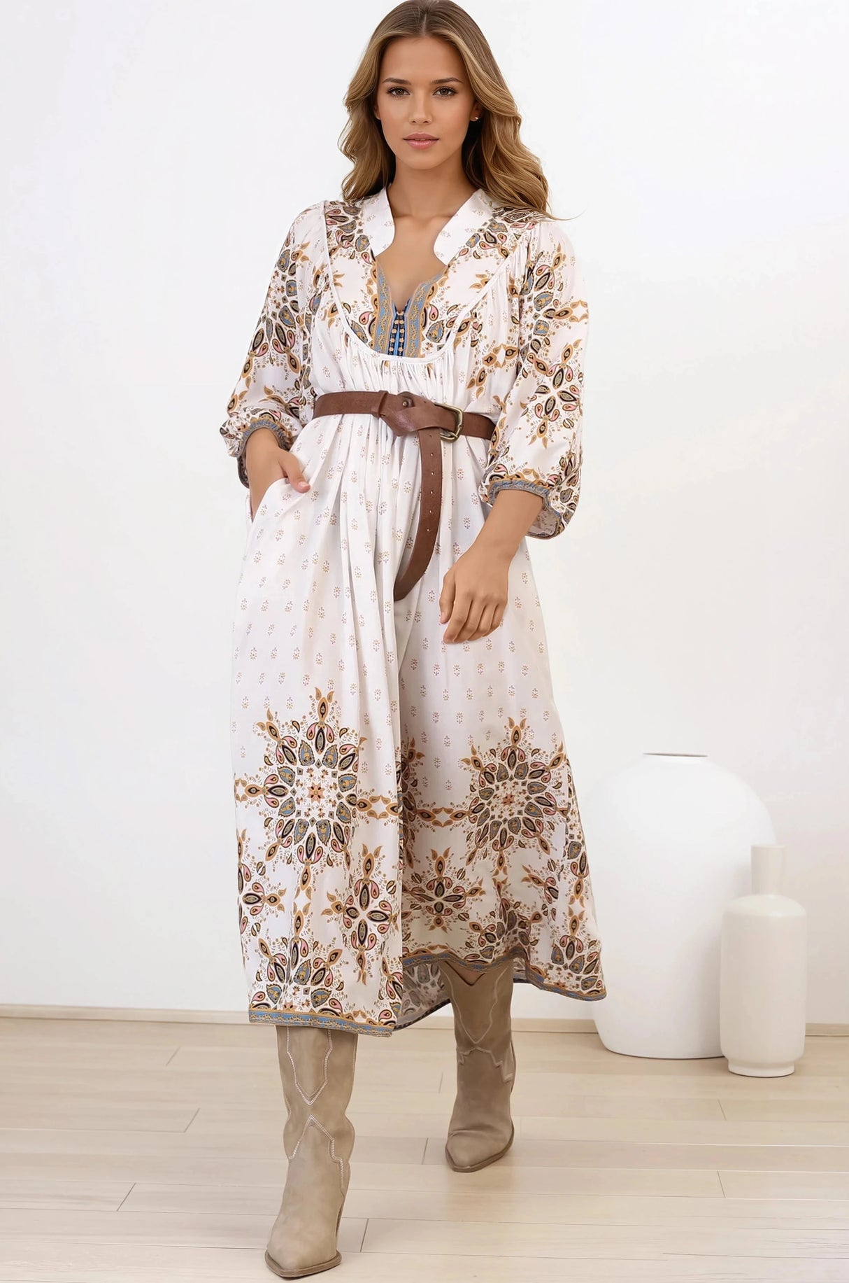 Boheme Midi Dress - Piping Defined Bust Slimline Smock Dress In Gemstone Print