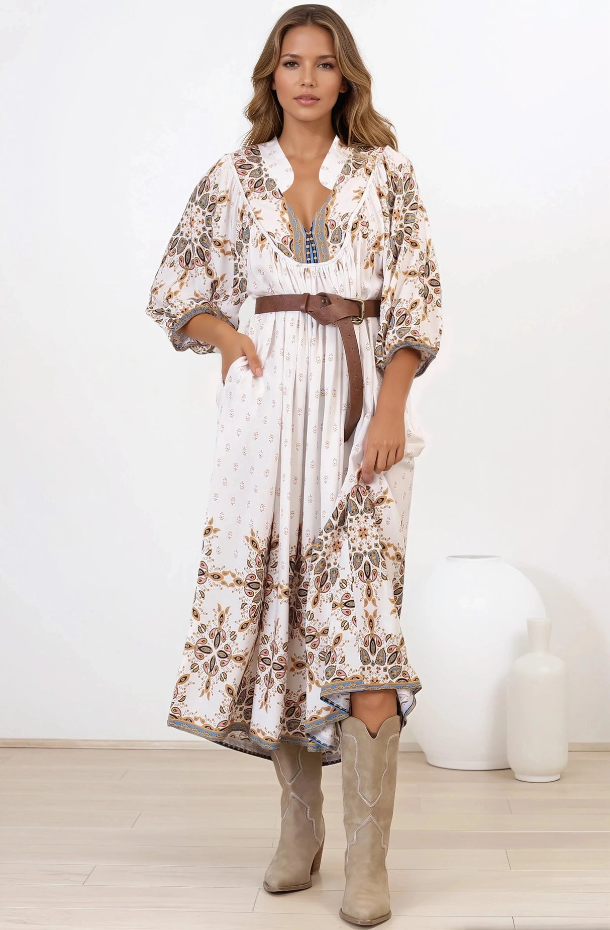 Boheme Midi Dress - Piping Defined Bust Slimline Smock Dress In Gemstone Print