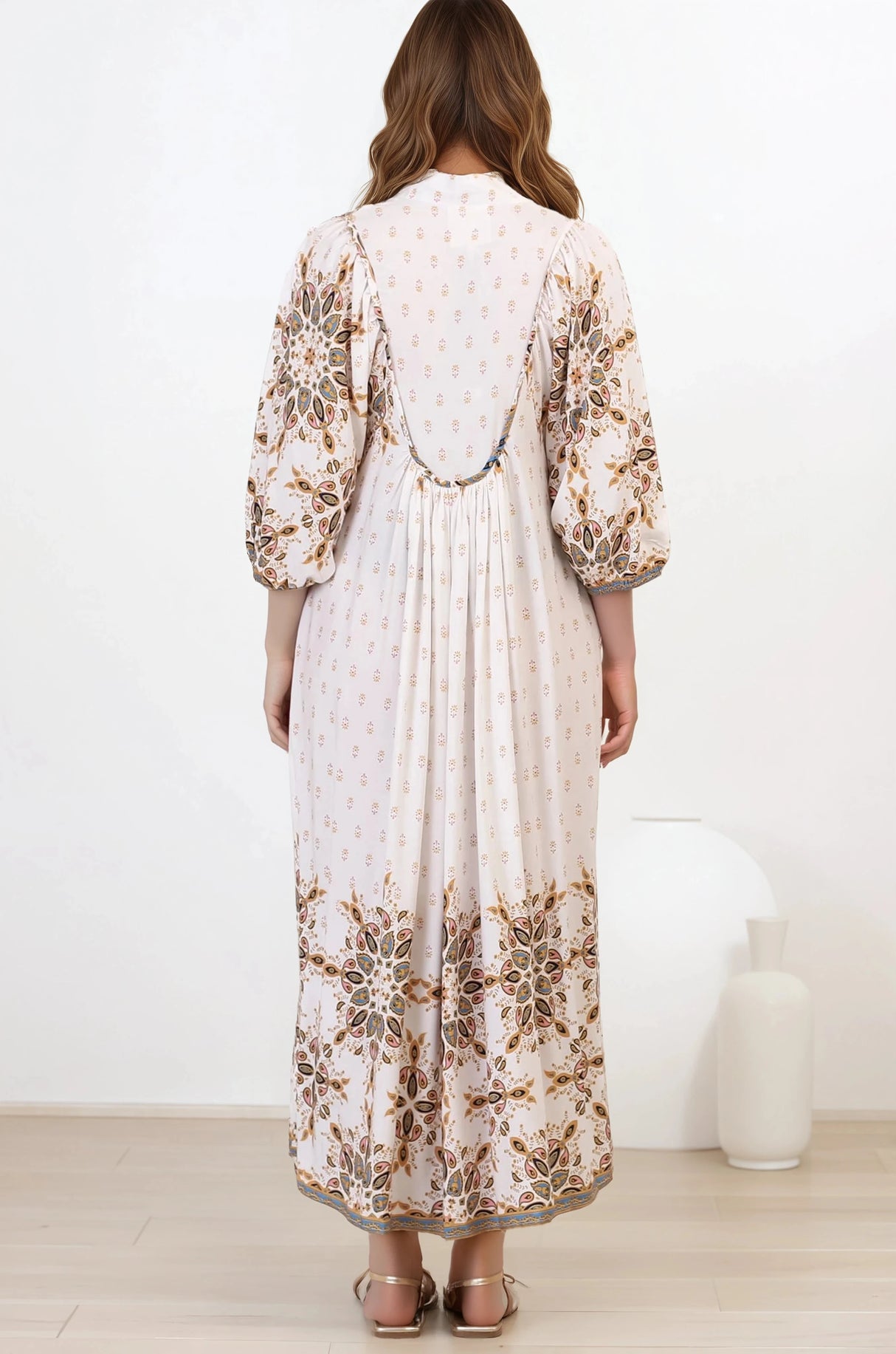 Boheme Midi Dress - Piping Defined Bust Slimline Smock Dress In Gemstone Print