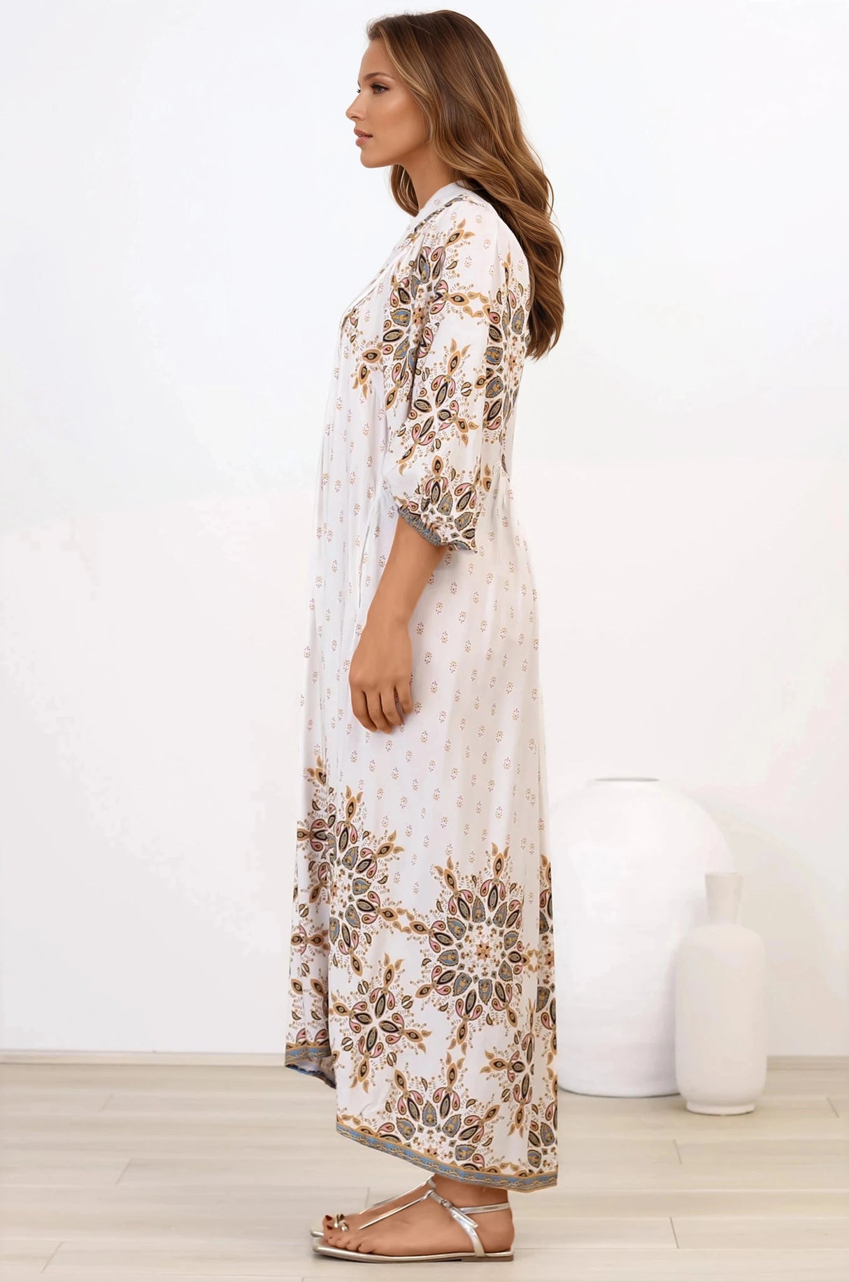 Boheme Midi Dress - Piping Defined Bust Slimline Smock Dress In Gemstone Print