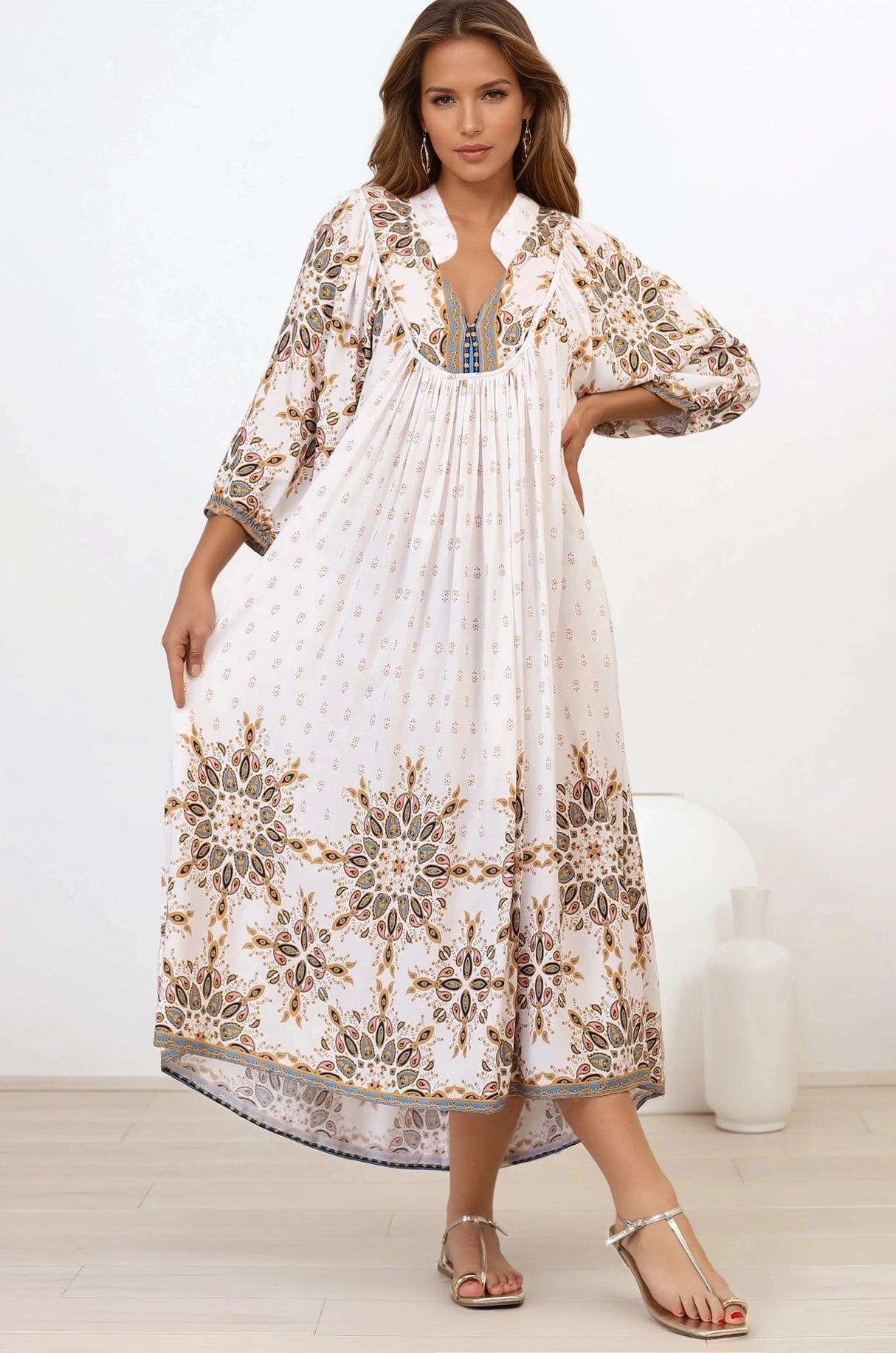 Boheme Midi Dress - Piping Defined Bust Slimline Smock Dress In Gemstone Print