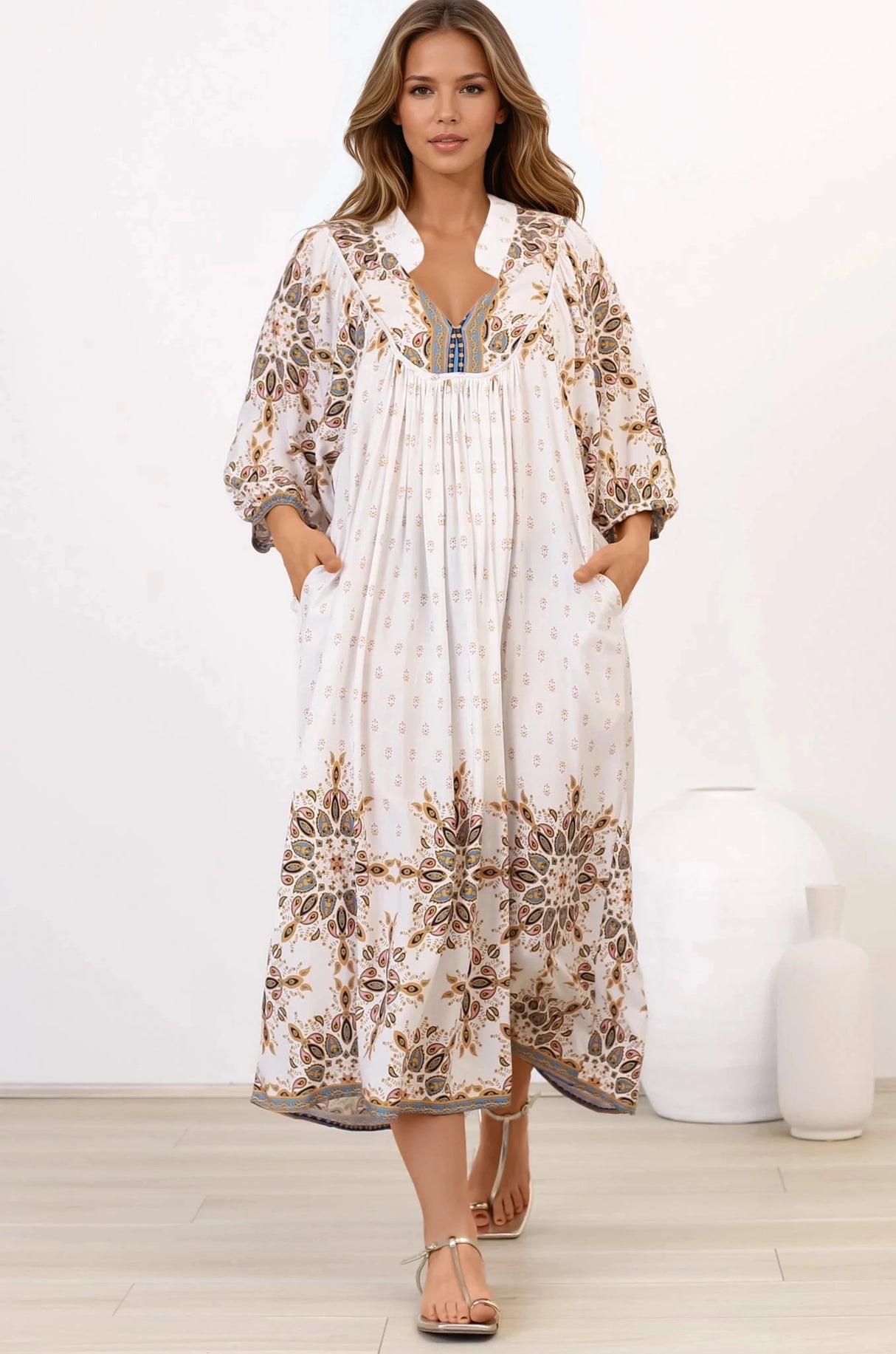 Boheme Midi Dress - Piping Defined Bust Slimline Smock Dress In Gemstone Print