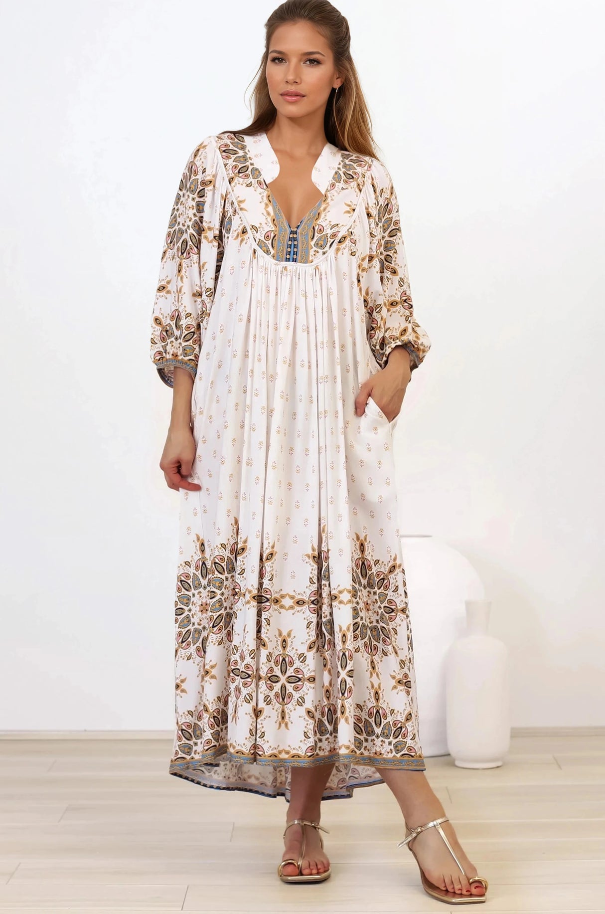 Boheme Midi Dress - Piping Defined Bust Slimline Smock Dress In Gemstone Print