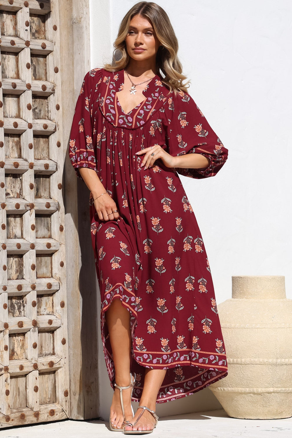 Boheme Midi Dress - Piping Defined Bust 3/4 Sleeve Smock Dress in Grenache Print