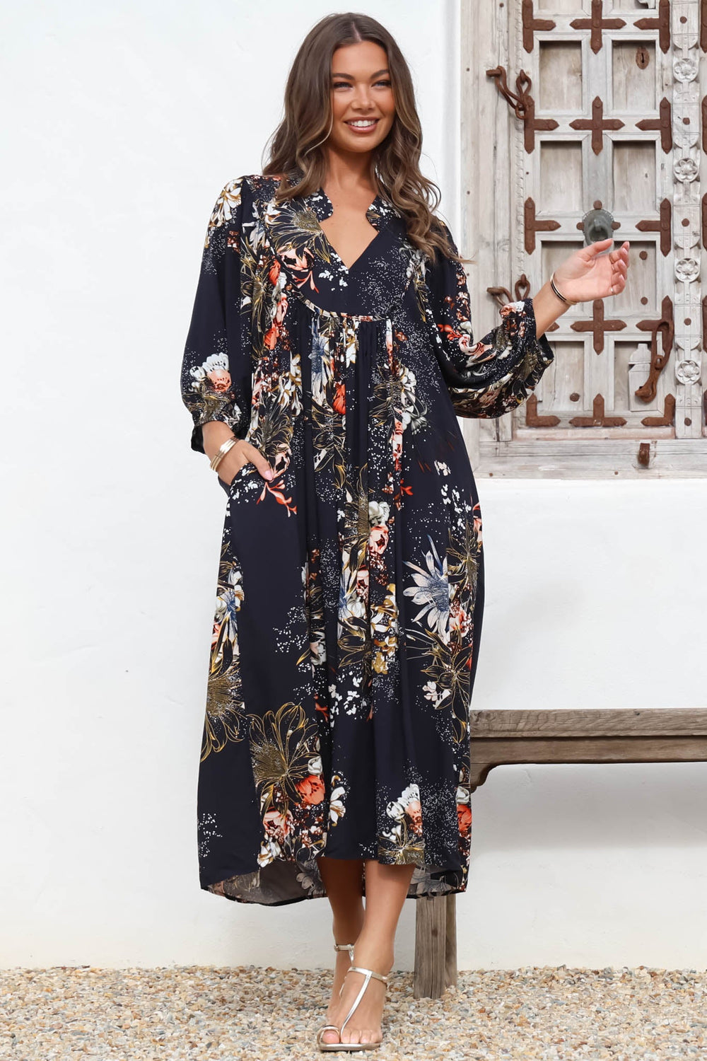 JAASE - Boheme Midi Dress: Piping Defined Bust Slimline Smock Dress In Indigo Print