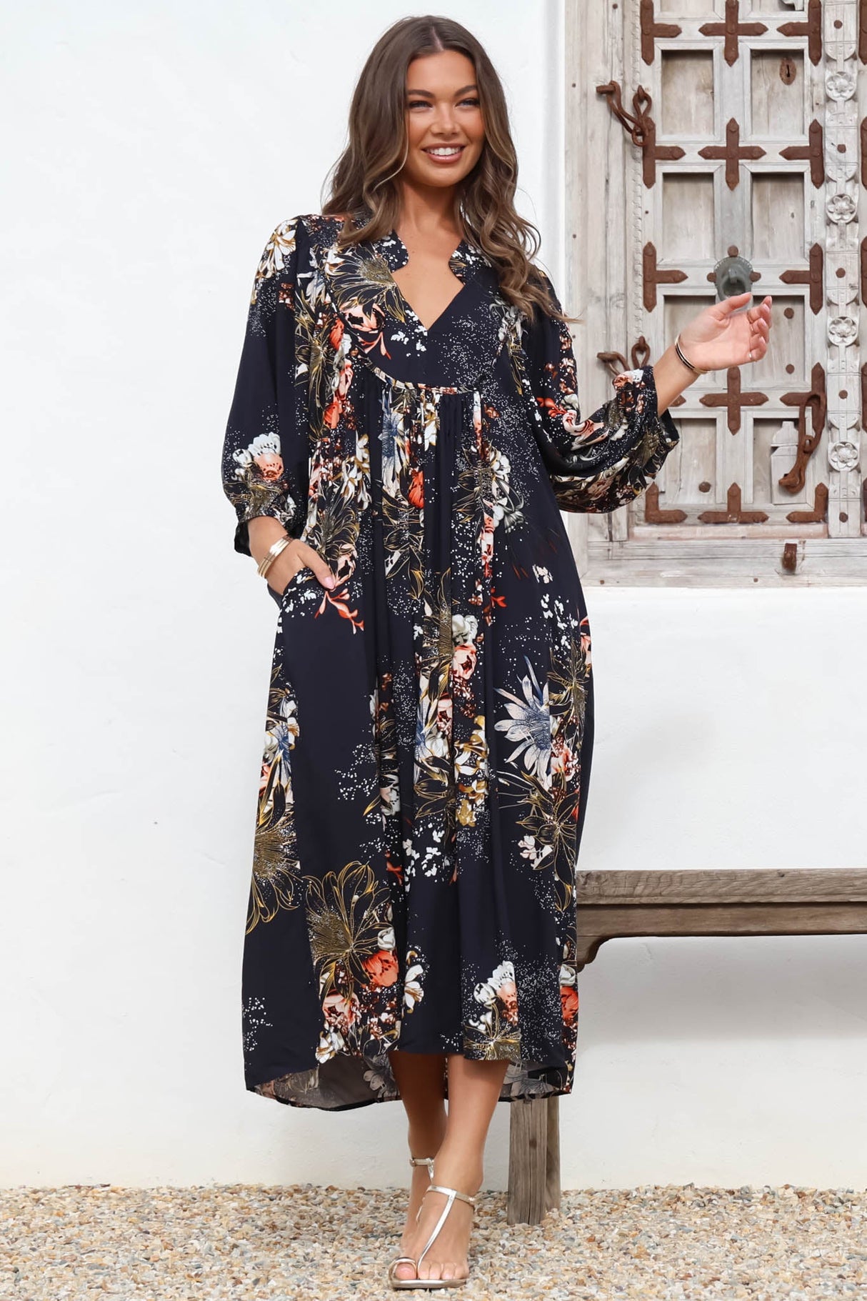 JAASE - Boheme Midi Dress: Piping Defined Bust Slimline Smock Dress In Indigo Print