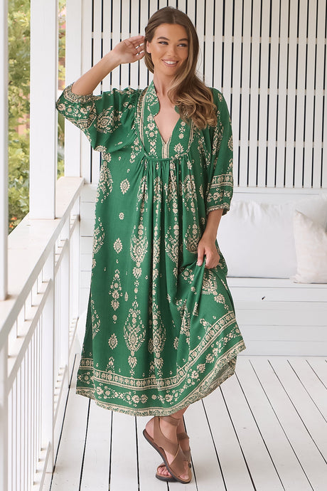 JAASE - Boheme Midi Dress: Piping Defined Bust Slimline Smock Dress in Kiva Print