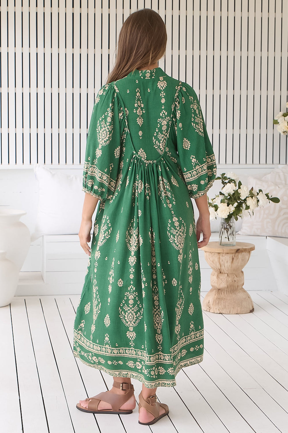 JAASE - Boheme Midi Dress: Piping Defined Bust Slimline Smock Dress in Kiva Print