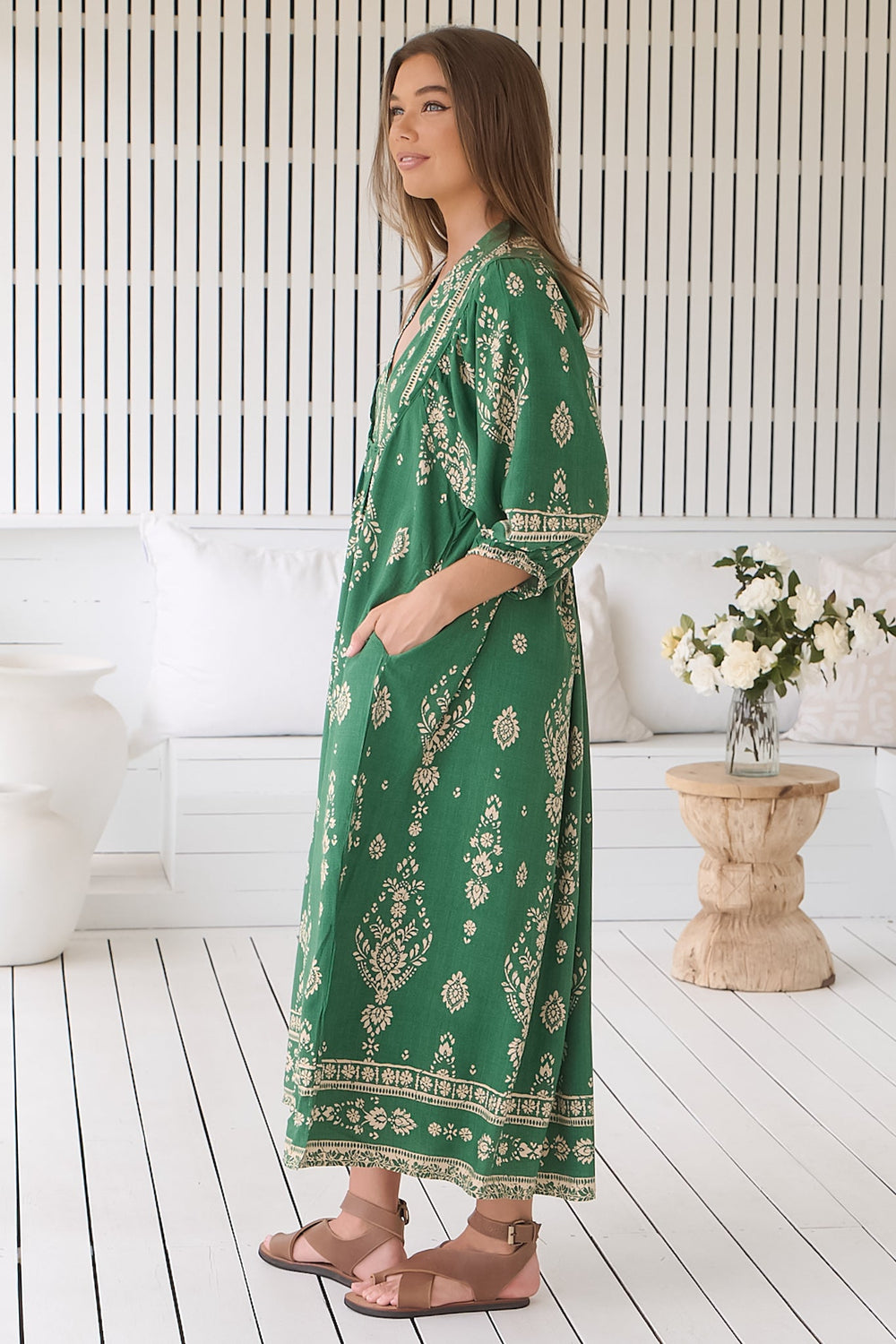 JAASE - Boheme Midi Dress: Piping Defined Bust Slimline Smock Dress in Kiva Print