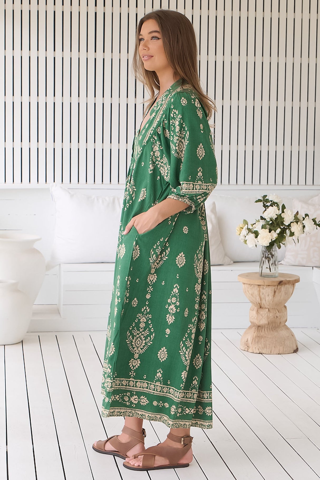 JAASE - Boheme Midi Dress: Piping Defined Bust Slimline Smock Dress in Kiva Print