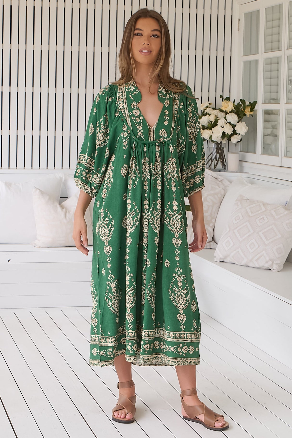 JAASE - Boheme Midi Dress: Piping Defined Bust Slimline Smock Dress in Kiva Print