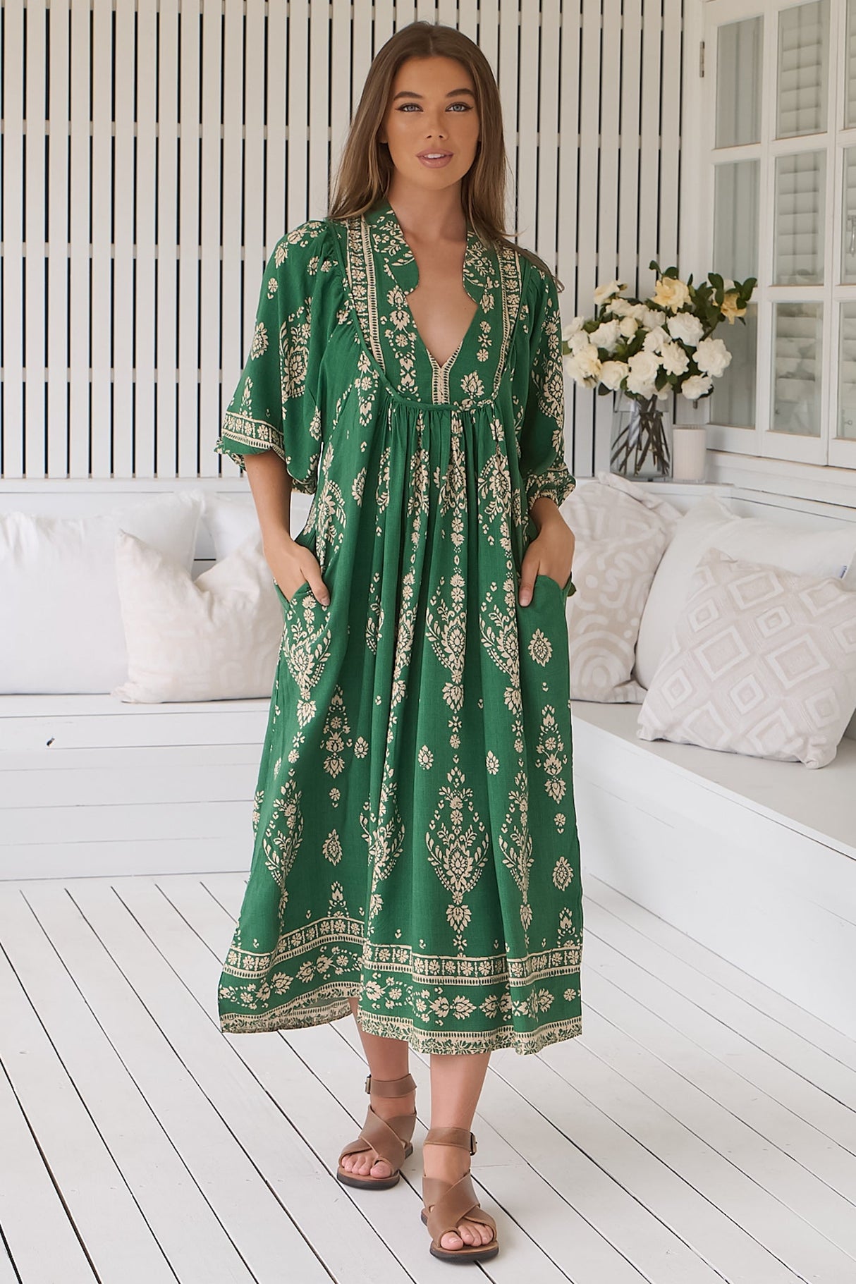 JAASE - Boheme Midi Dress: Piping Defined Bust Slimline Smock Dress in Kiva Print