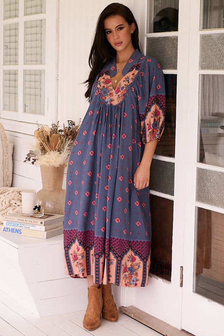JAASE - Boheme Midi Dress: Piping Defined Bust Slimline Smock Dress in Laney Print