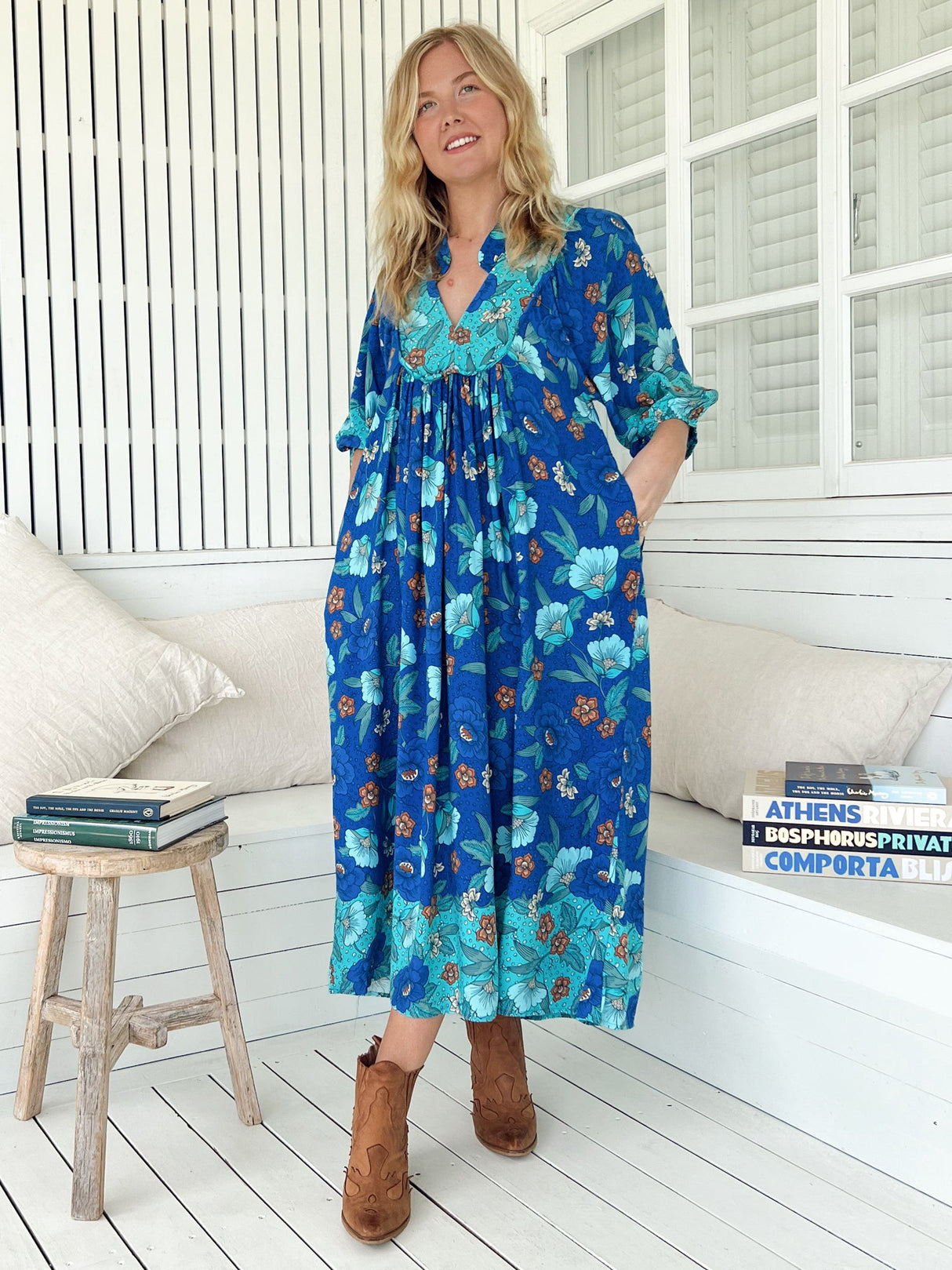 JAASE - Boheme Midi Dress: Piping Defined Bust Slimline Smock Dress In Love in Mist Print