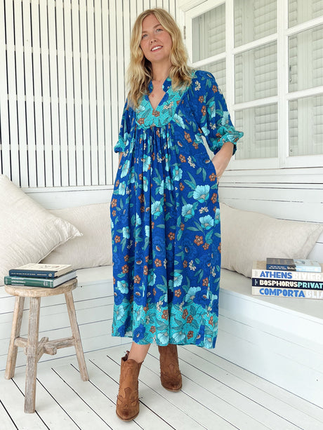 JAASE - Boheme Midi Dress: Piping Defined Bust Slimline Smock Dress In Love in Mist Print