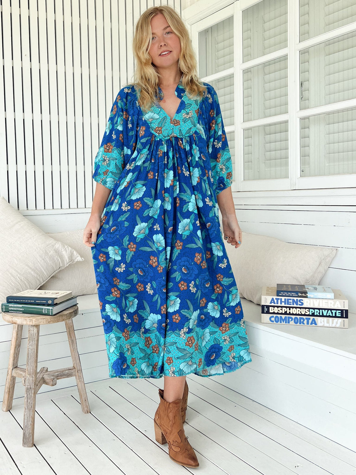 JAASE - Boheme Midi Dress: Piping Defined Bust Slimline Smock Dress In Love in Mist Print