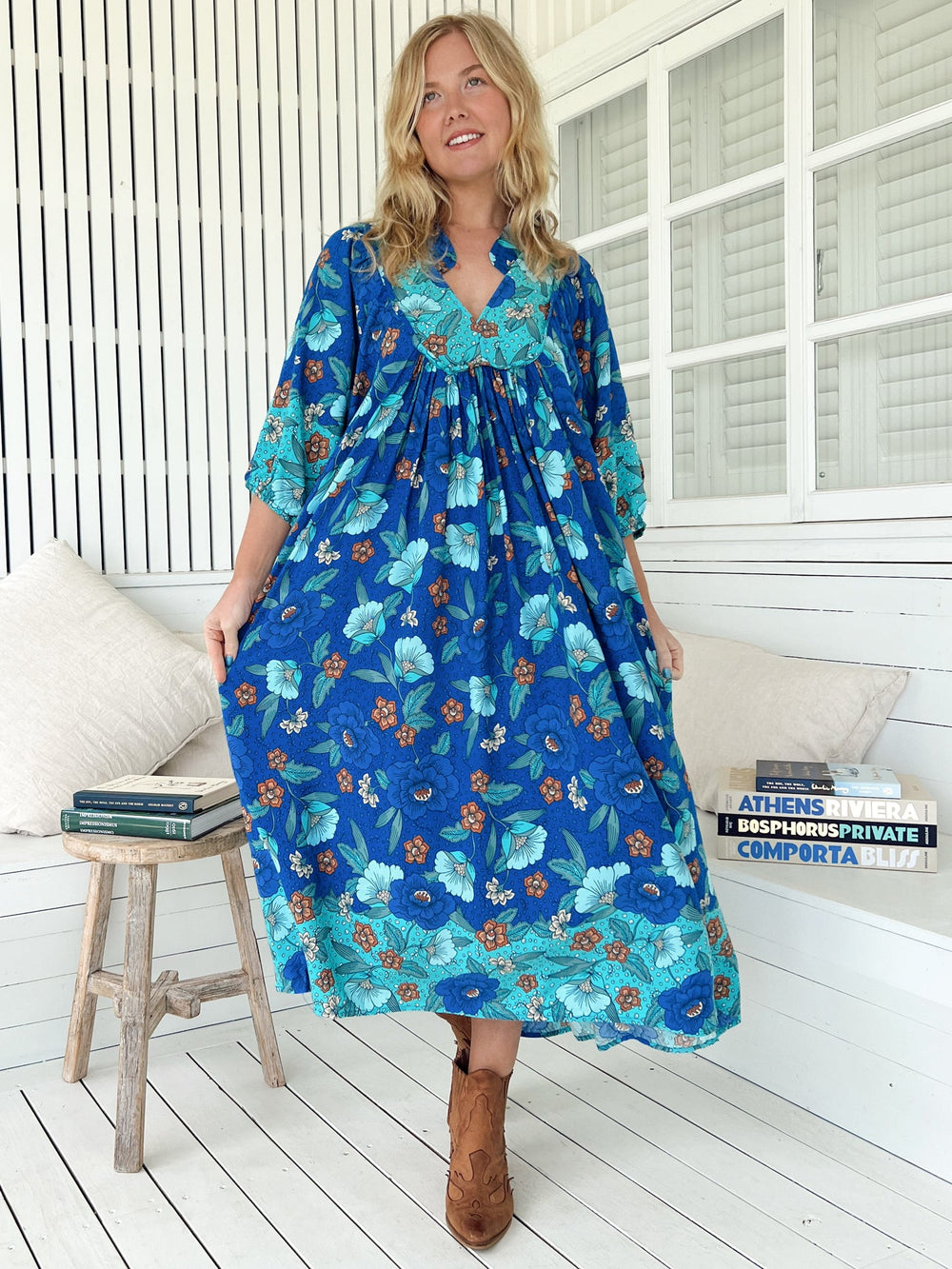 JAASE - Boheme Midi Dress: Piping Defined Bust Slimline Smock Dress In Love in Mist Print