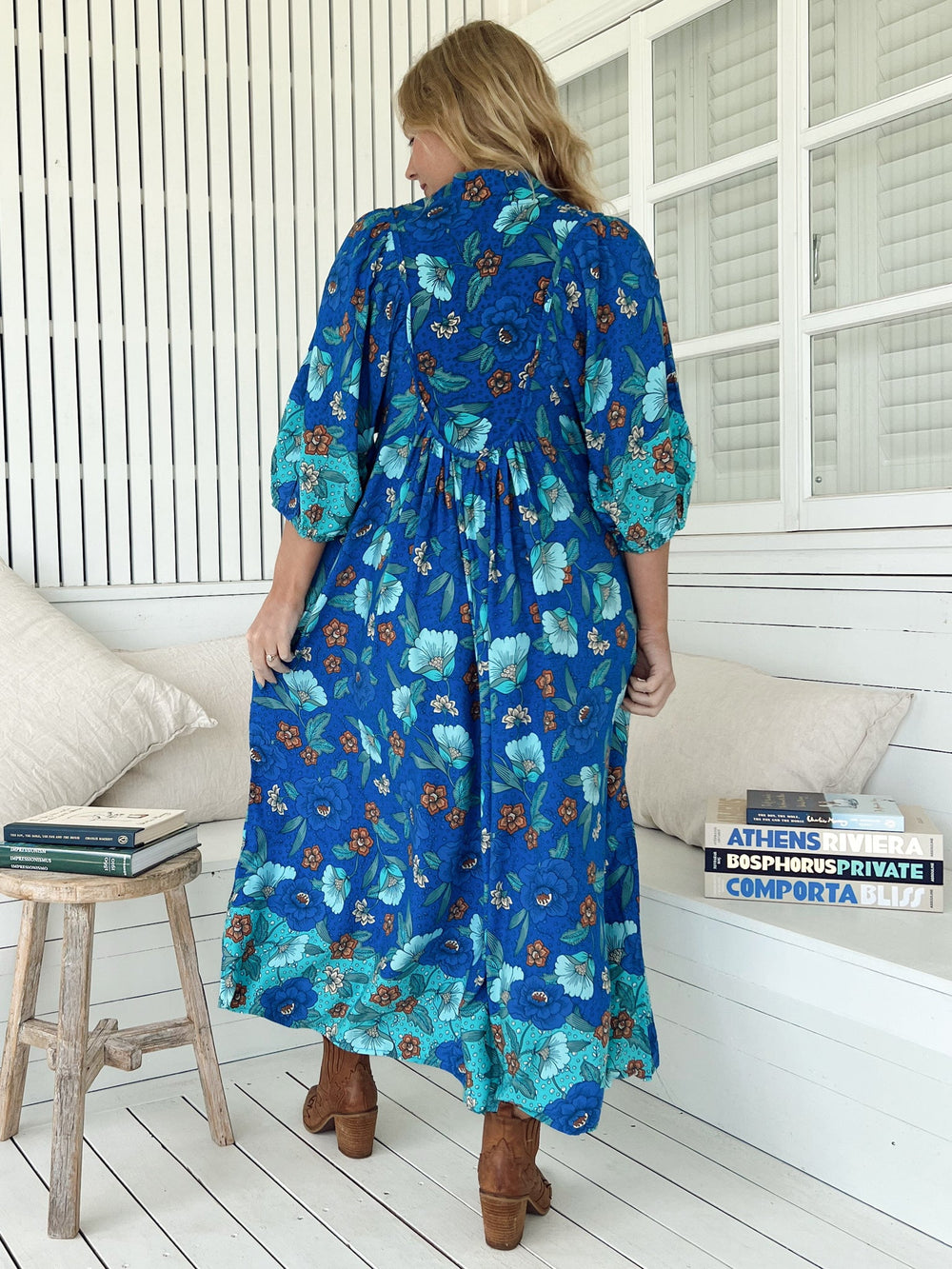 JAASE - Boheme Midi Dress: Piping Defined Bust Slimline Smock Dress In Love in Mist Print