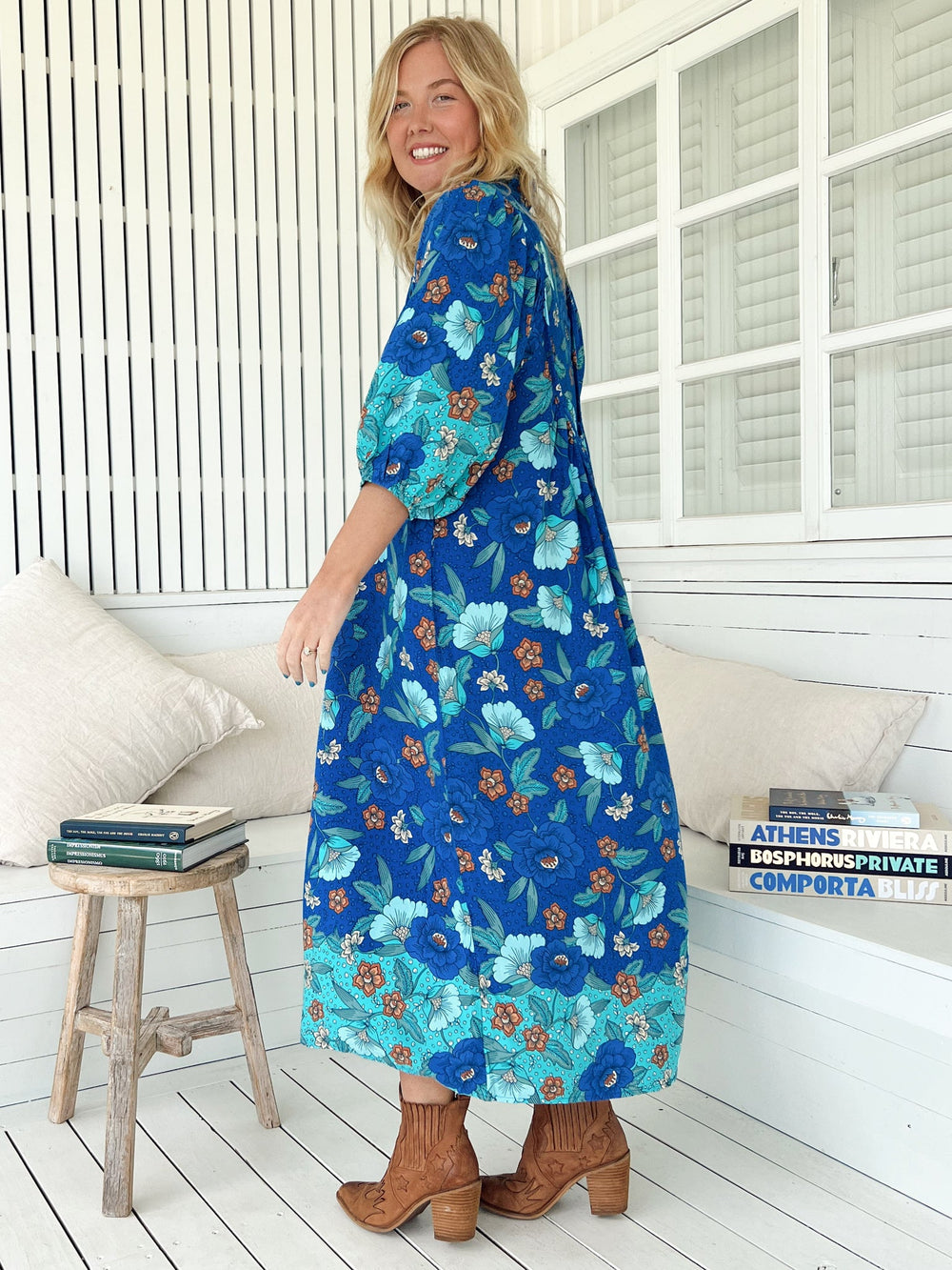 JAASE - Boheme Midi Dress: Piping Defined Bust Slimline Smock Dress In Love in Mist Print