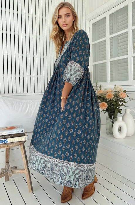 JAASE - Boheme Midi Dress: Piping Defined Bust Slimline Smock Dress in Nico Print