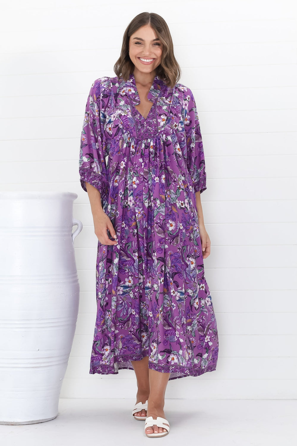 Boheme Midi Dress - Piping Defined Bust Slimline Smock Dress in Rhodium Print