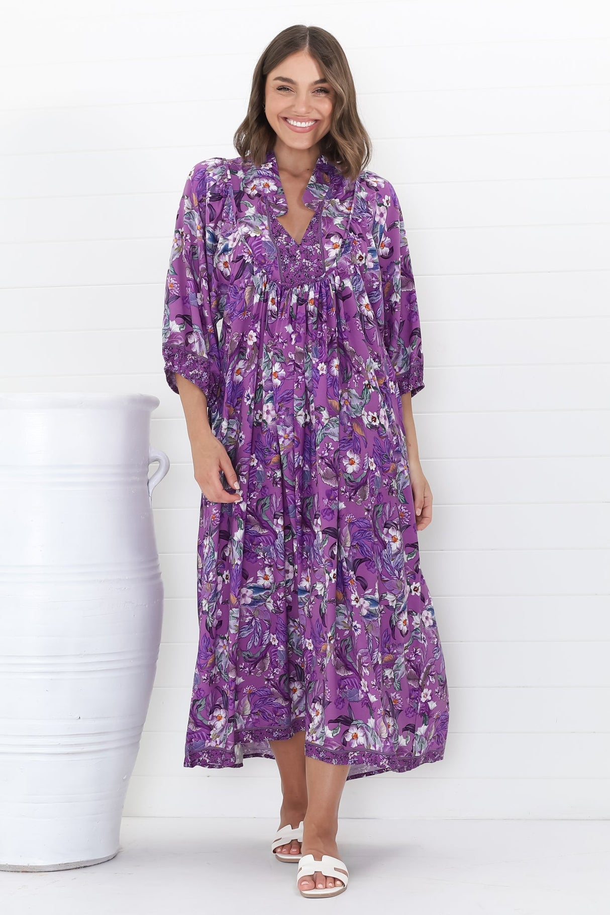 Boheme Midi Dress - Piping Defined Bust Slimline Smock Dress in Rhodium Print