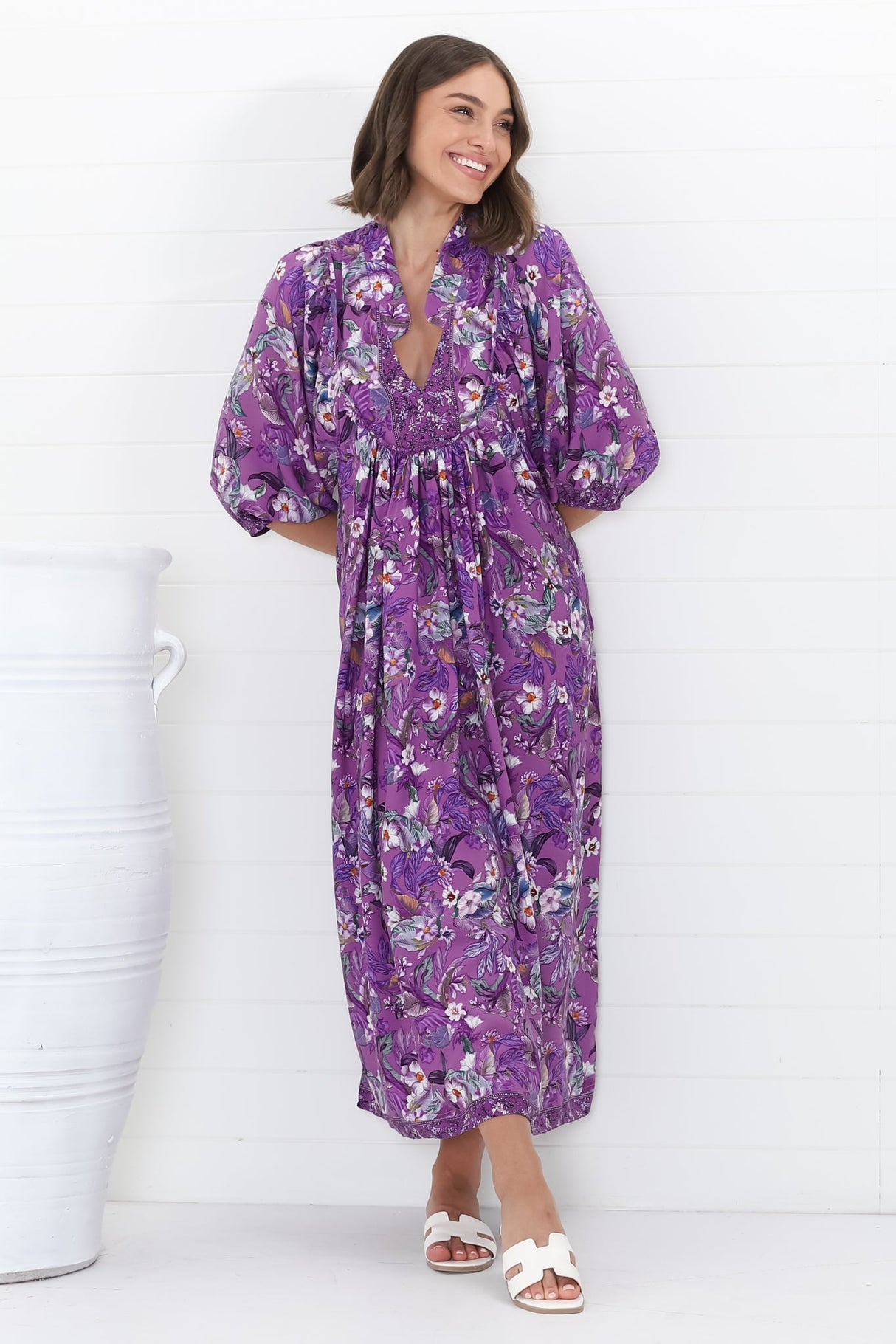Boheme Midi Dress - Piping Defined Bust Slimline Smock Dress in Rhodium Print