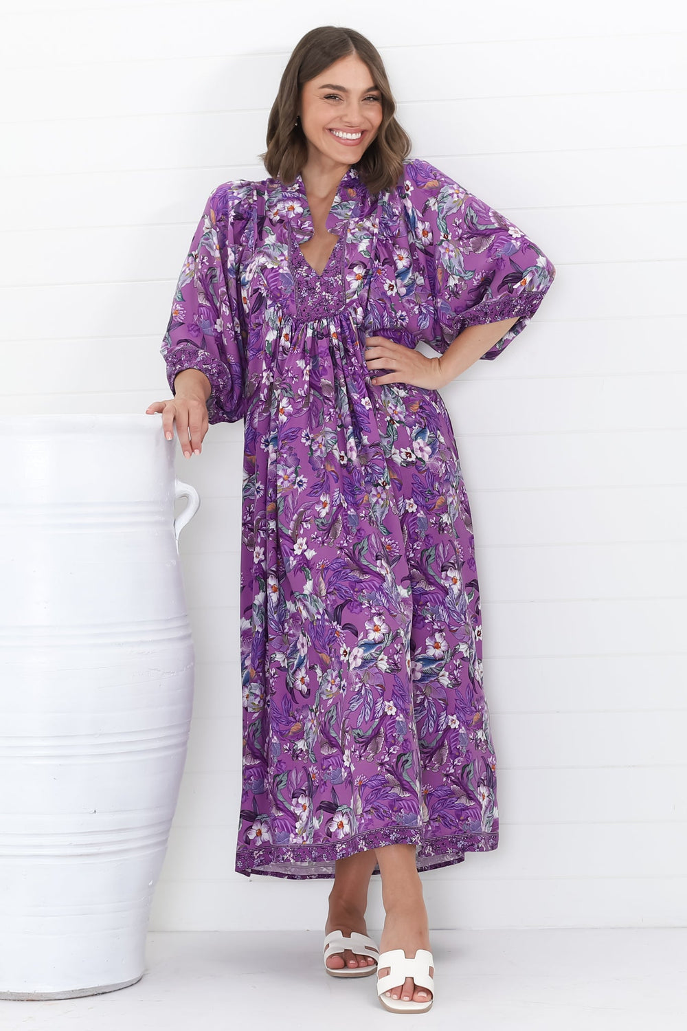 Boheme Midi Dress - Piping Defined Bust Slimline Smock Dress in Rhodium Print